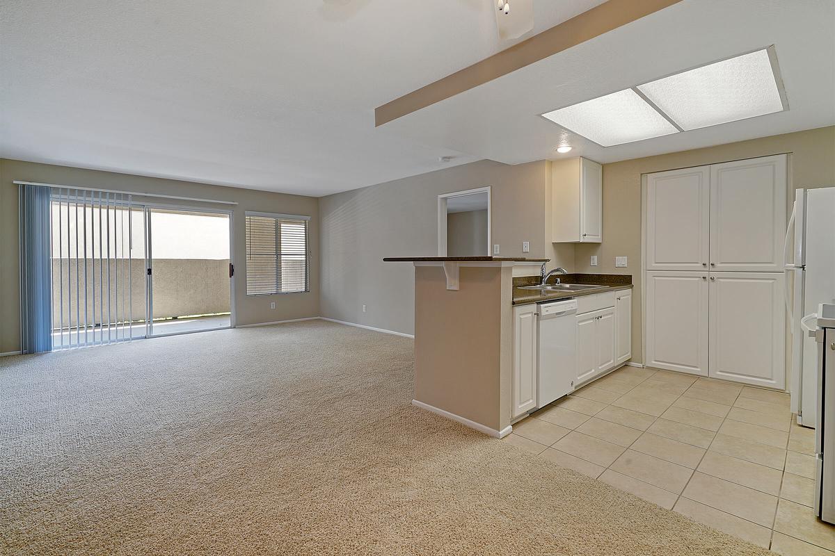 Living room and dining room with carpet