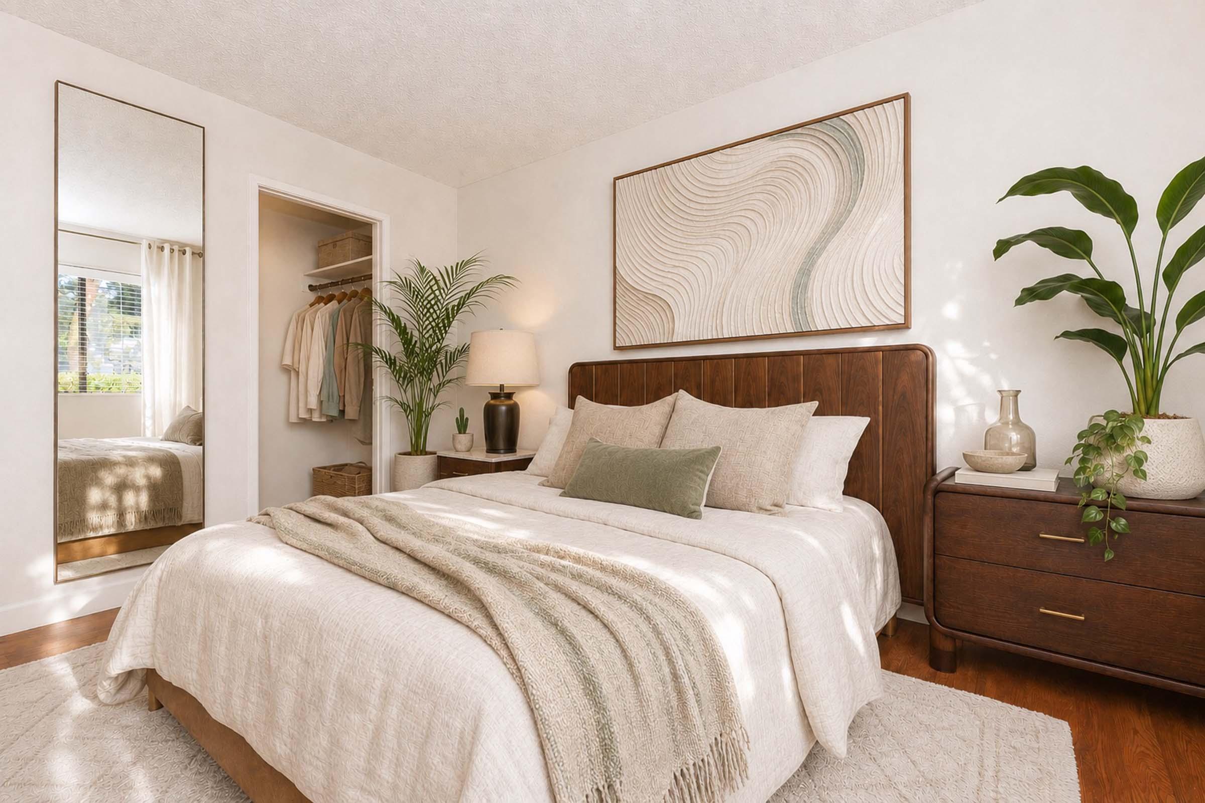 Cozy bedroom featuring a wooden bed with neutral bedding, a beige knitted throw, and decorative pillows. A tall plant is positioned beside the bed, and a large mirror reflects a closet. Soft natural light filters in through sheer curtains, enhancing the warm and inviting atmosphere of the space.