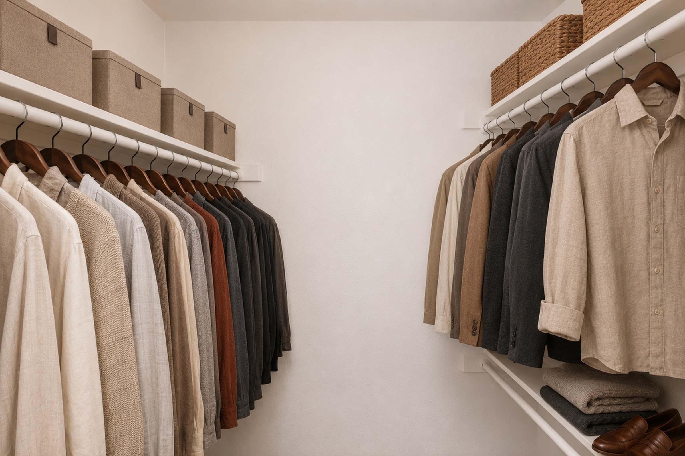 A neatly organized closet featuring a variety of shirts hanging on hangers, with colors ranging from light to dark shades. On the shelves, there are neatly folded items and storage boxes. The wall is a plain white, creating a clean and minimalist aesthetic.