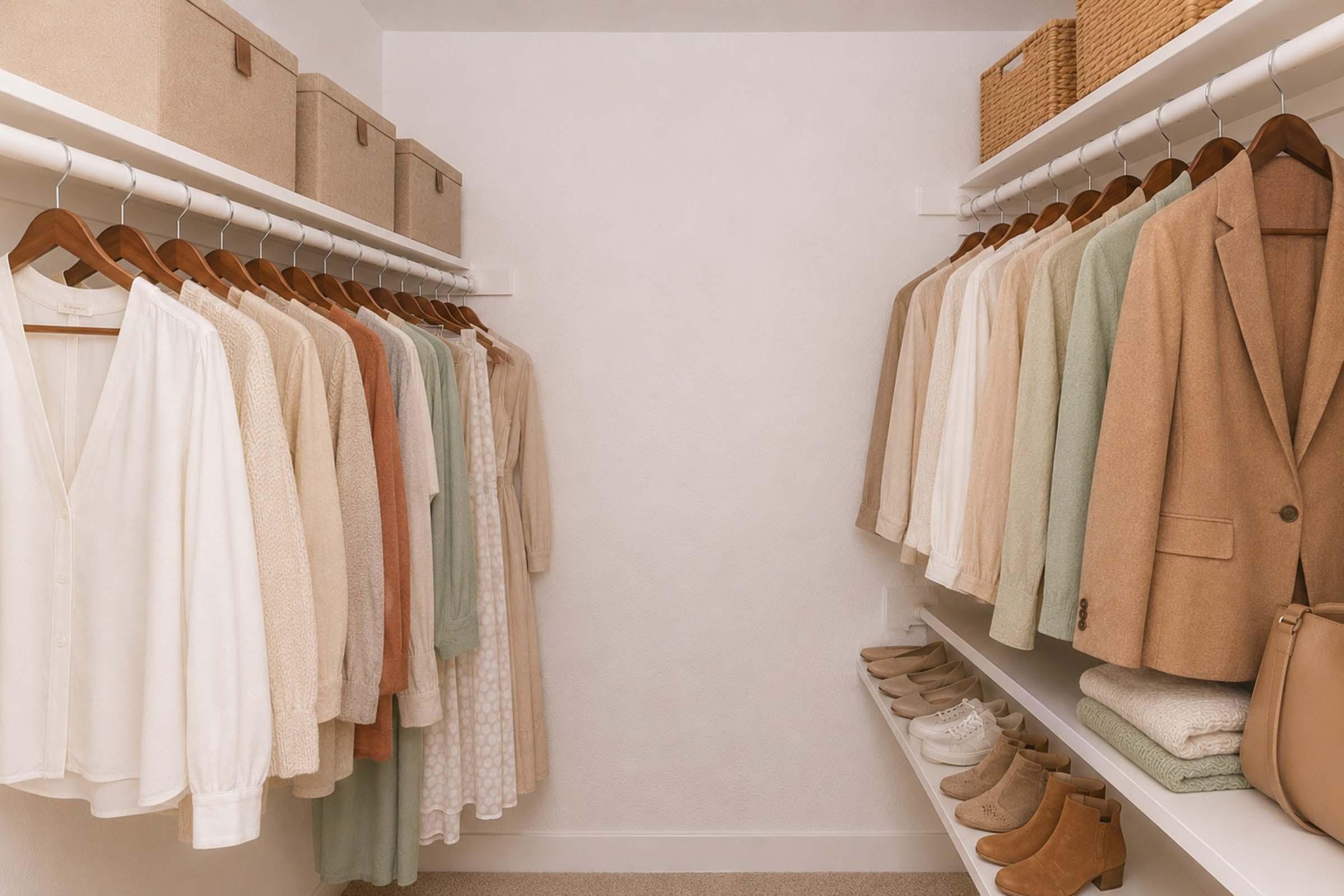 A neatly organized closet featuring a variety of clothing items hung on wooden hangers, including light-colored blouses and tailored jackets. Shelves below hold neatly folded shoes and accessories. Two woven storage boxes are placed at the top for additional storage. The overall aesthetic is minimalist and stylish.