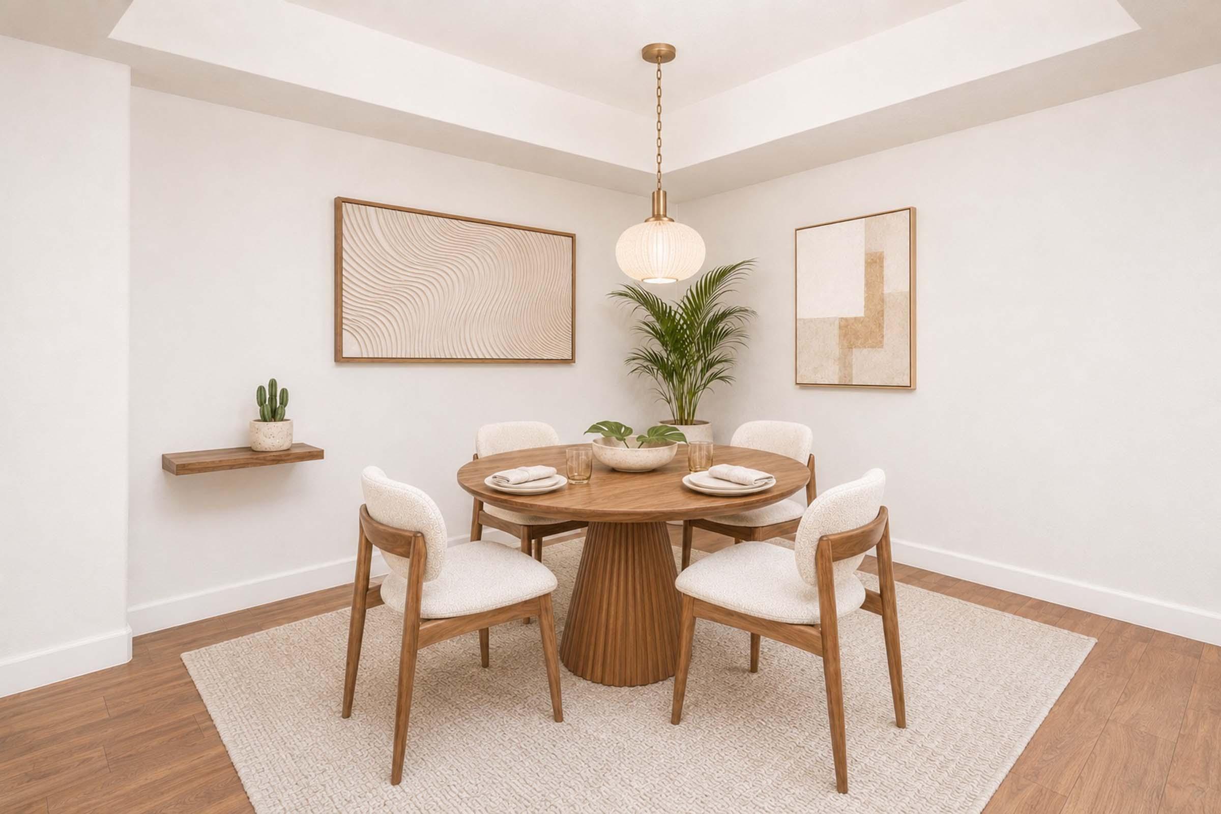 A modern dining room featuring a round wooden table surrounded by four upholstered chairs. A pendant light hangs above the table. The walls are decorated with two abstract art pieces, and a small plant is in the corner next to a wooden shelf. A textured area rug covers the floor.