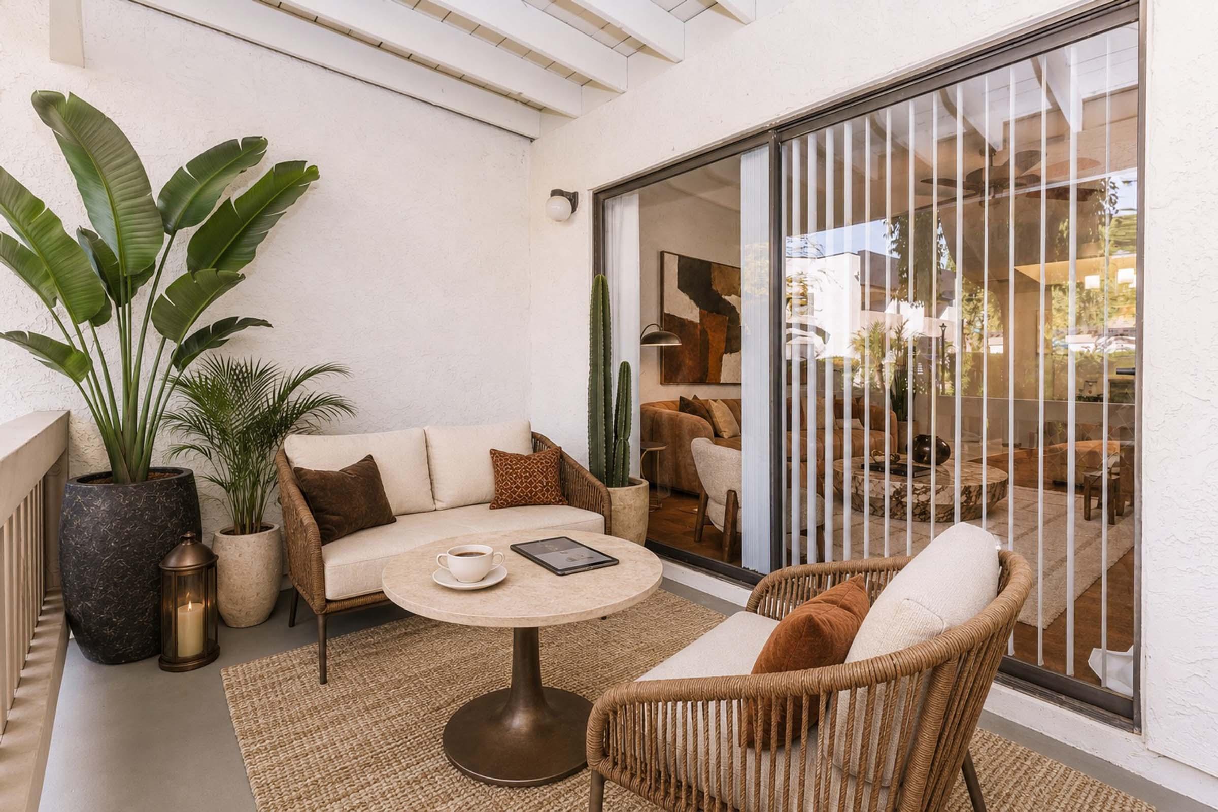 A cozy outdoor patio area featuring a round table and comfortable seating. The space is decorated with a large potted plant, a cactus, and a woven rug. Natural light floods in through large glass doors, enhancing the inviting atmosphere. Warm tones and textures create a relaxed, stylish environment.