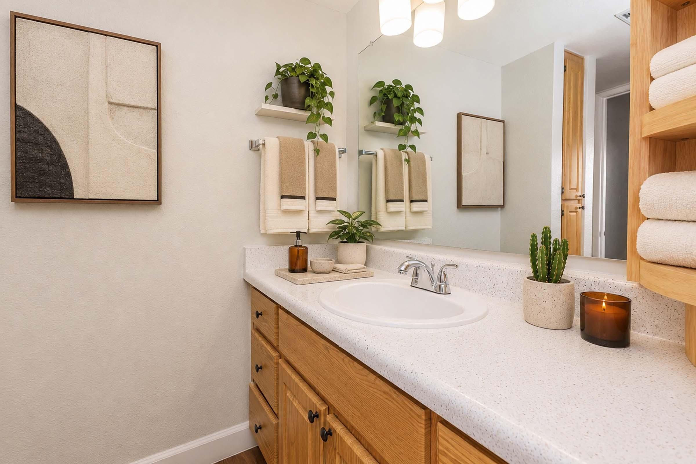 A modern bathroom featuring a light countertop with a sink, wooden cabinetry, and neatly stacked towels. The walls have decorative elements including a framed artwork and plants. Soft lighting enhances the warm ambiance, while a candle and a small cactus add decorative touches to the space.