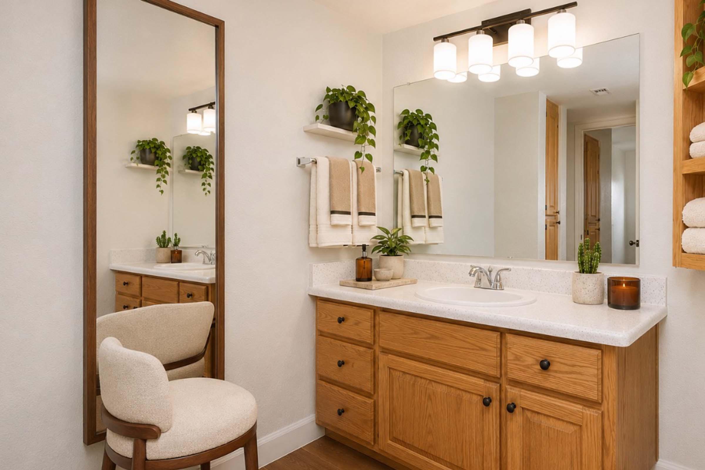 A modern bathroom featuring a wooden vanity with a white countertop, a large mirror, and stylish overhead lighting. Two neatly hung towels are on a towel rack, while potted plants add a touch of greenery. A round chair sits adjacent to the vanity, creating a cozy and inviting atmosphere.