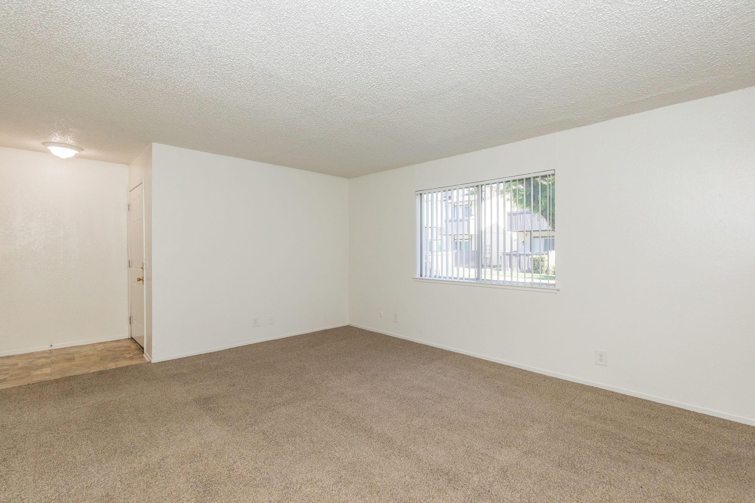 Empty room with beige carpet and textured ceiling. A white wall with a window featuring vertical blinds allows natural light to enter. A door is visible on the left side, leading to another area. The space is simple and unfurnished, creating a blank canvas for customization.