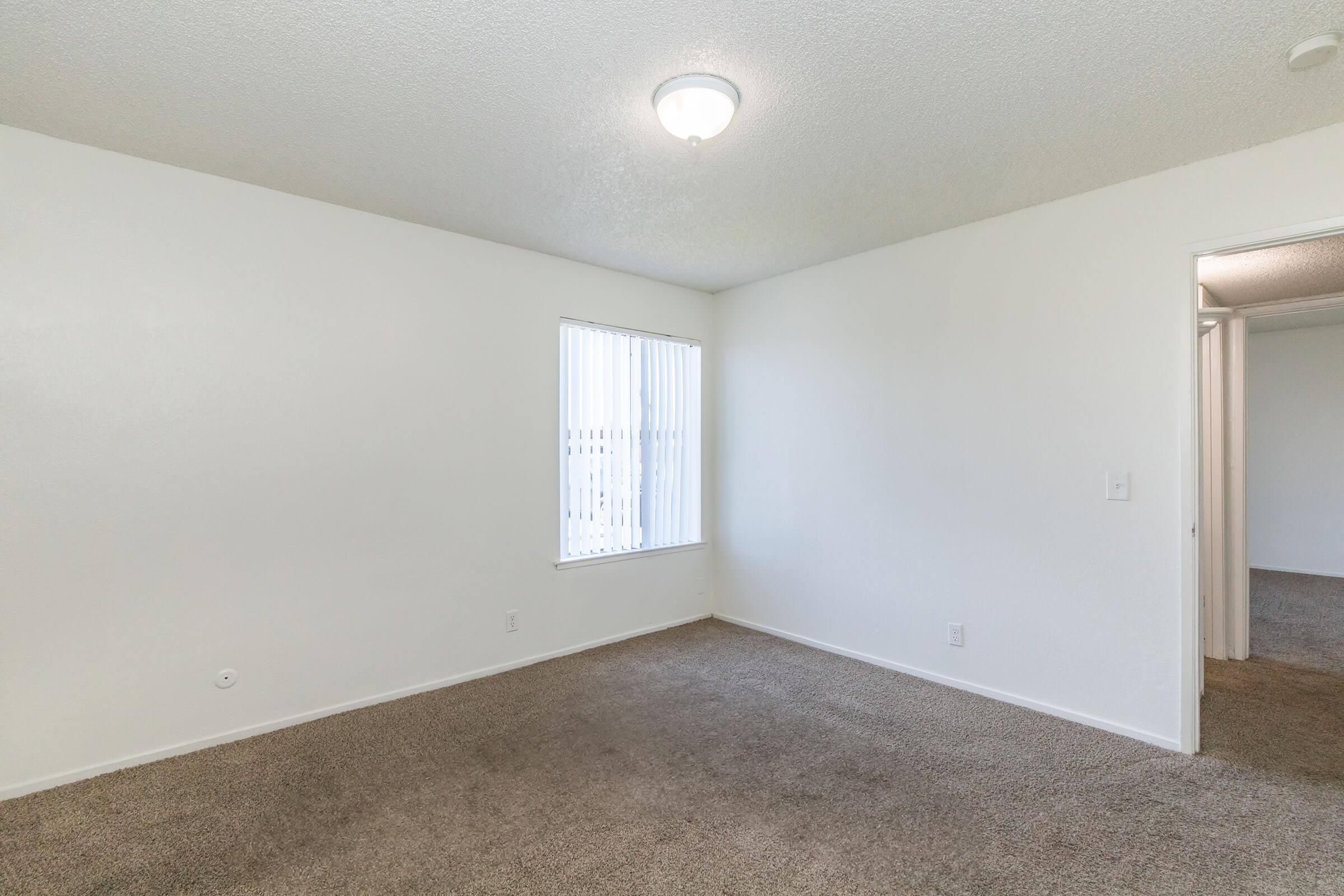 Empty room with light-colored walls and carpeted flooring. A window with vertical blinds allows natural light to enter. The ceiling has a light fixture, and a doorway on the right leads to another room or hallway. The overall atmosphere is simple and spacious.