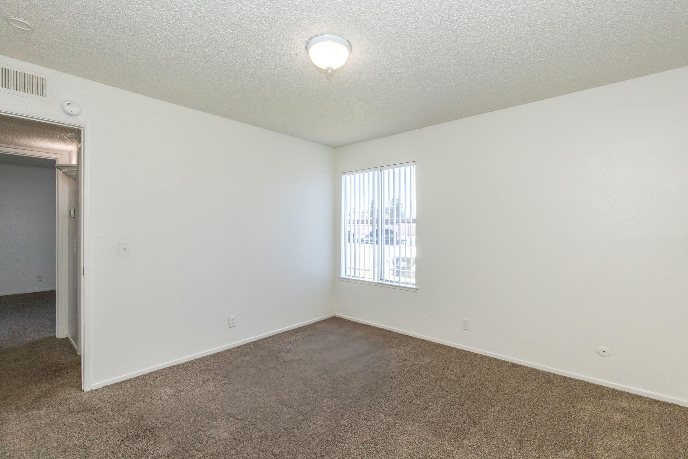 Empty room with beige carpet, white walls, and a ceiling light. A window with vertical blinds allows natural light in, while a doorway on the left leads to another space. The overall atmosphere is bright and spacious, with no furniture or decorations present.