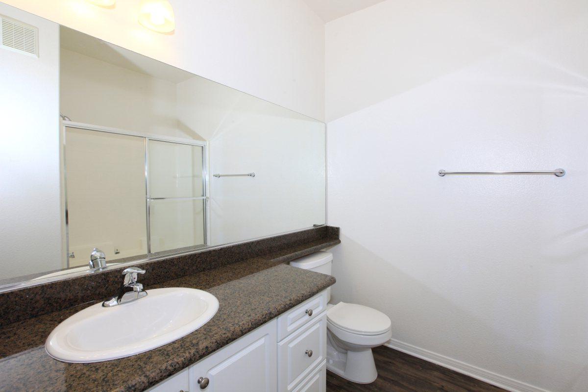 a double sink and large mirror