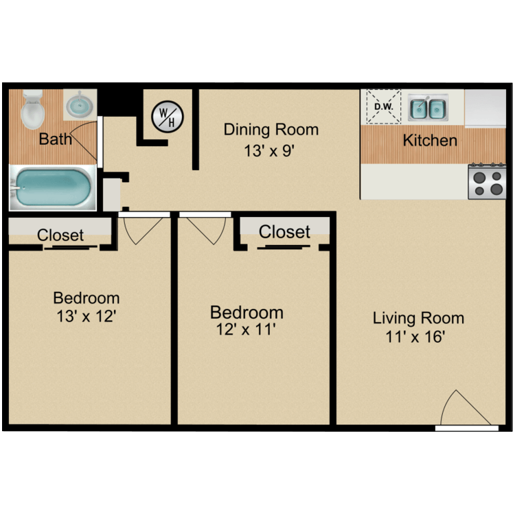 Floor plan image of 2 Bedroom 1 Bath