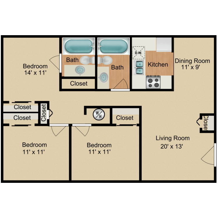 Floor plan image of 3 Bedroom 2 Bath