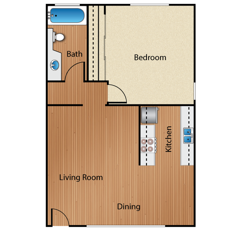 1 Bed 1 Bath, a 1 bedroom 1 bathroom floor plan.