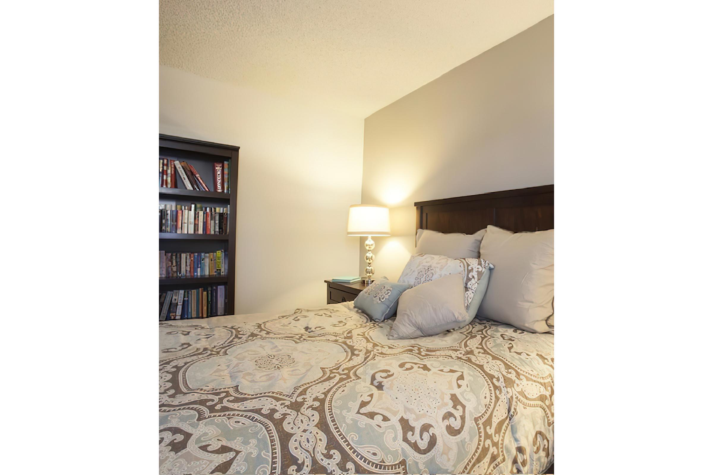 a bed with a book shelf