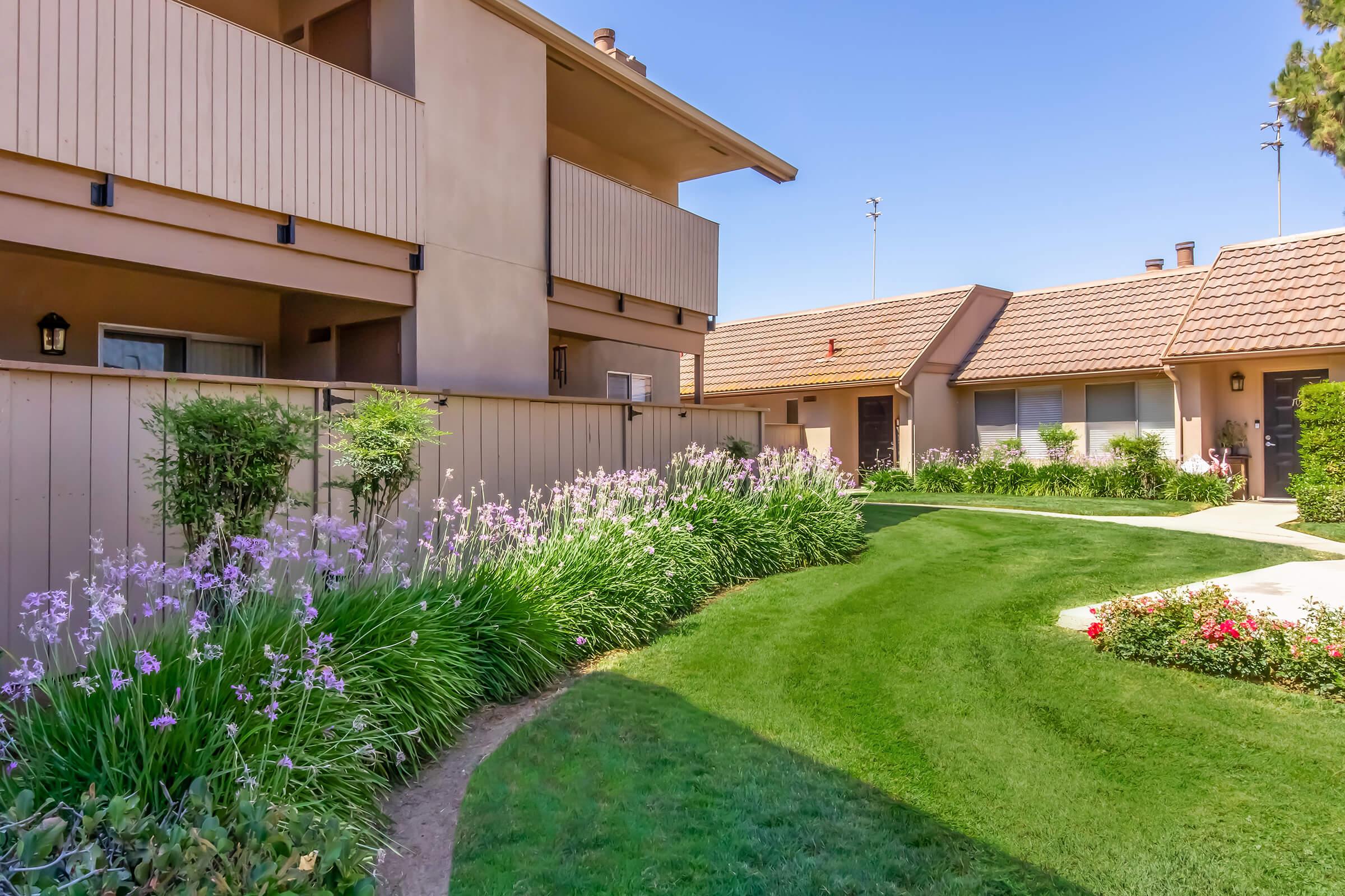 A landscaped area featuring lush green grass and blooming purple flowers. In the background, there are two multi-story buildings with balconies and a low fence. The setting is bright and sunny, creating a pleasant atmosphere.