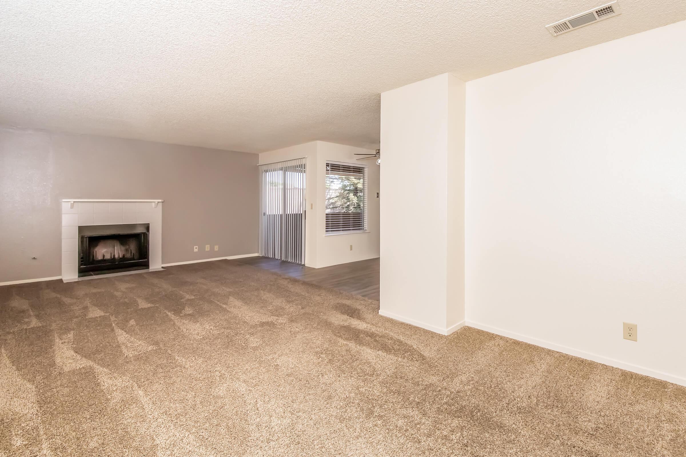 Spacious living room featuring beige carpet, a gray accent wall, and a fireplace. Large windows provide natural light, while a sliding door leads to an outdoor area. The room is seamlessly connected to adjacent areas, creating an open and inviting atmosphere. Ideal for relaxation and entertaining.
