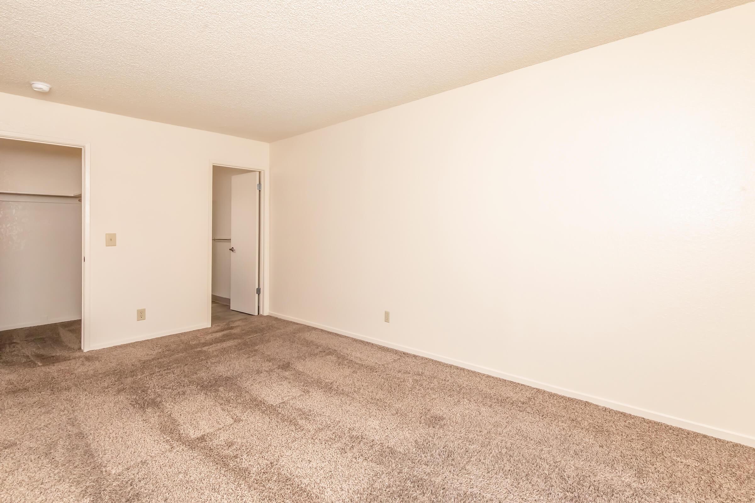 Empty room with beige carpet and light-colored walls. There are two doorways; one leading to a closet and the other to a bathroom. The space is bright and minimalistic, lacking furniture or decor.