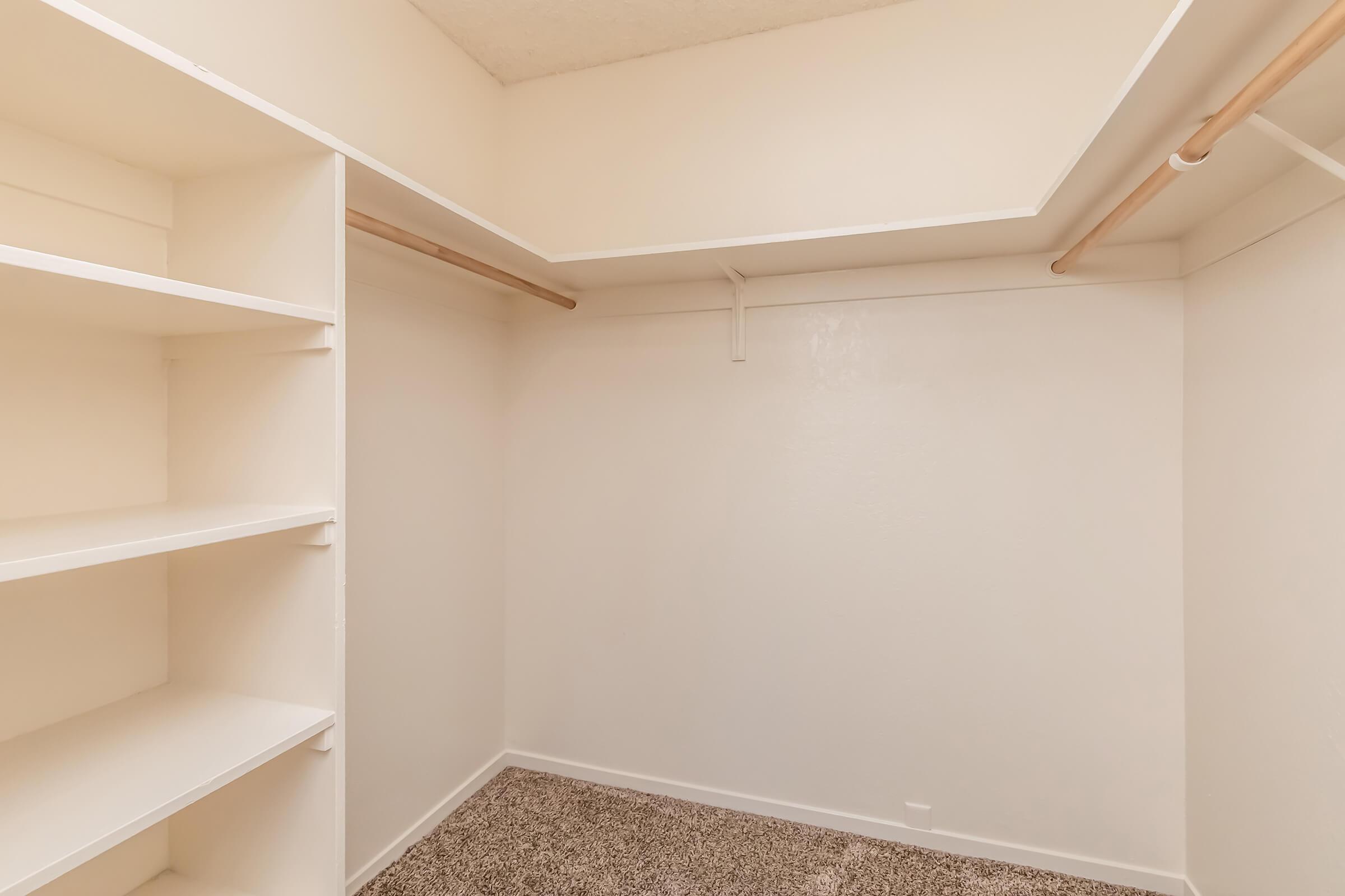 A spacious, empty walk-in closet featuring white walls and shelving on one side. There are two wooden rods for hanging clothes, and the carpeted floor adds warmth to the minimalistic design.