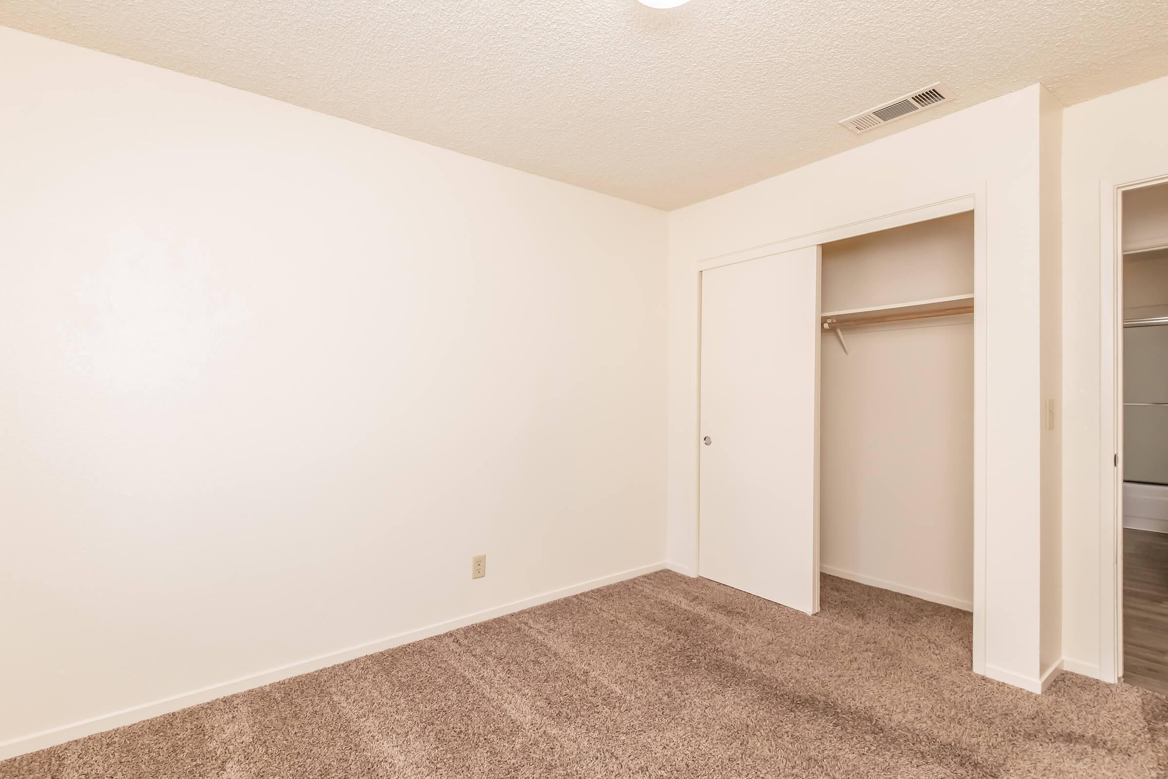A well-lit, empty room with beige walls and carpet. There is a closed door on the right leading to a closet with a hanging rod. The overall atmosphere is spacious and clean, suitable for various uses such as a bedroom or office.