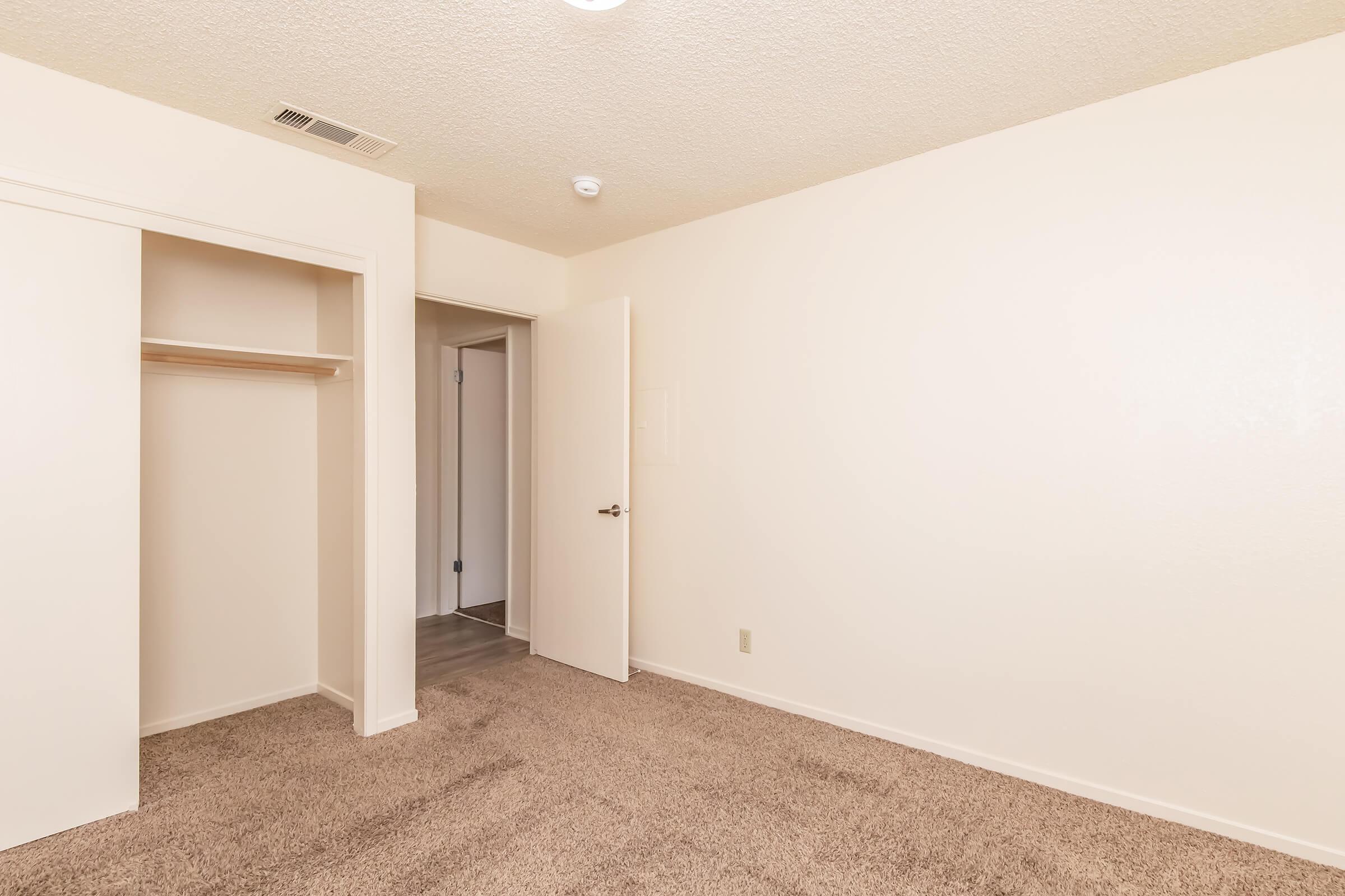 A vacant room with beige carpet flooring and light-colored walls. It features an open closet on the left and a partially open door leading to another space. The room is well-lit with a ceiling light and has a clean, minimalist design.