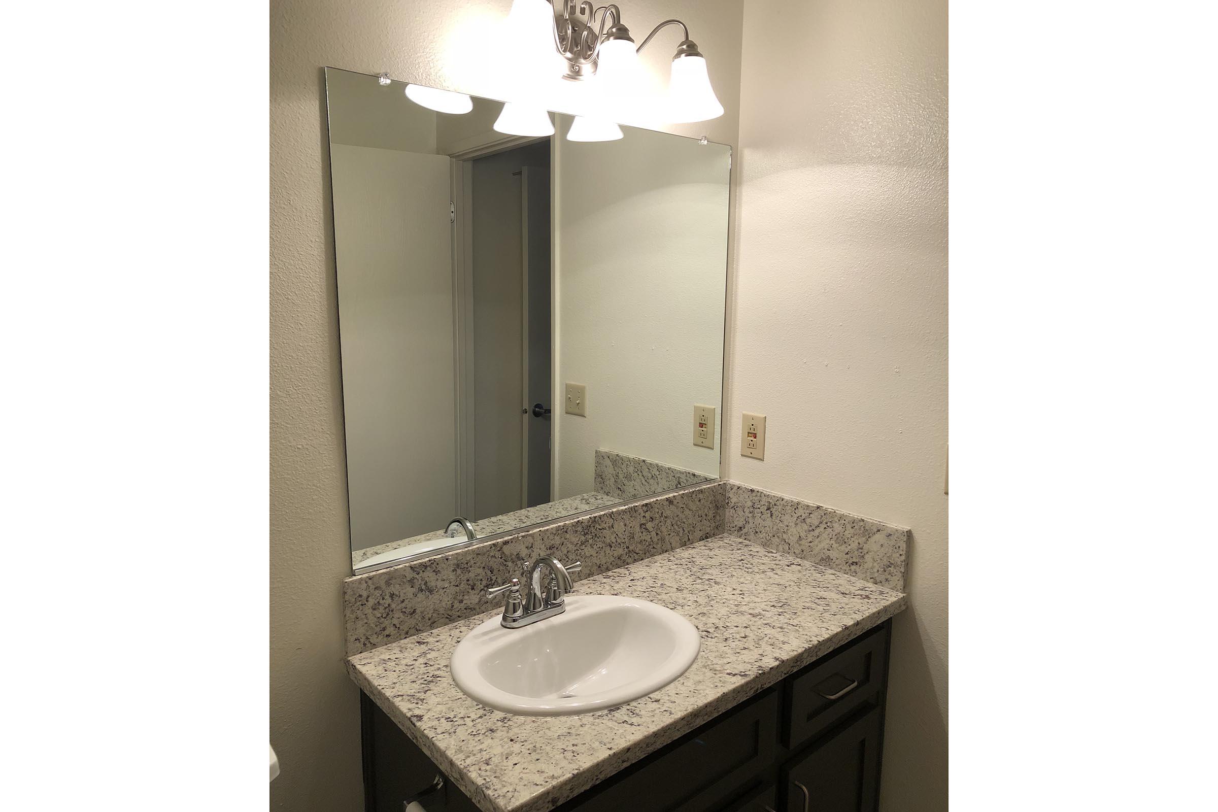 a double sink and large mirror