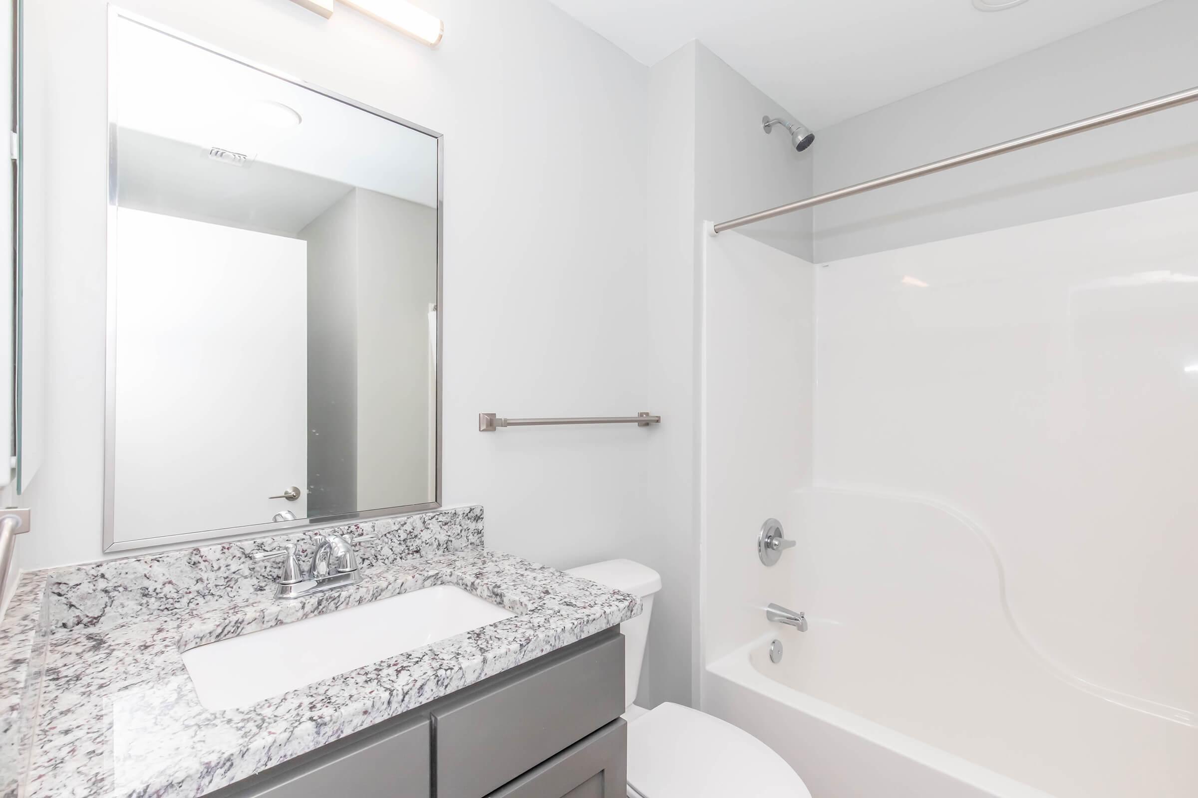 A modern bathroom featuring a granite countertop with a sink and mirror. There's a white bathtub with a shower fixture, a toilet, and light gray walls. The space is well-lit and clean, highlighting contemporary design elements.