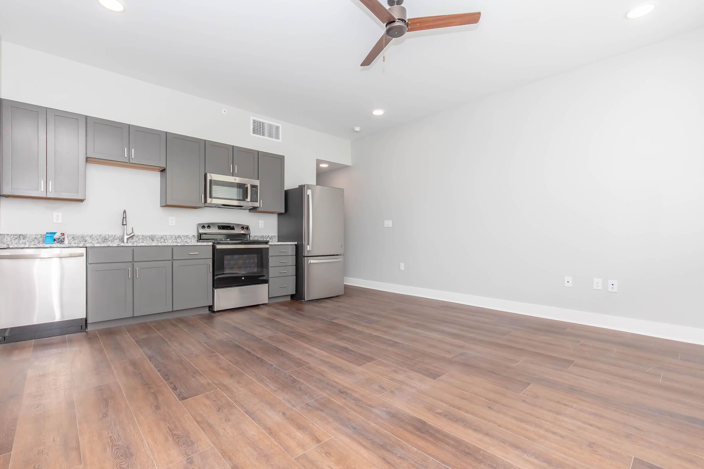 Modern kitchen featuring dark cabinetry, stainless steel appliances, and granite countertops. The open space has wooden flooring and a ceiling fan. The walls are painted light gray, creating a bright and airy atmosphere.