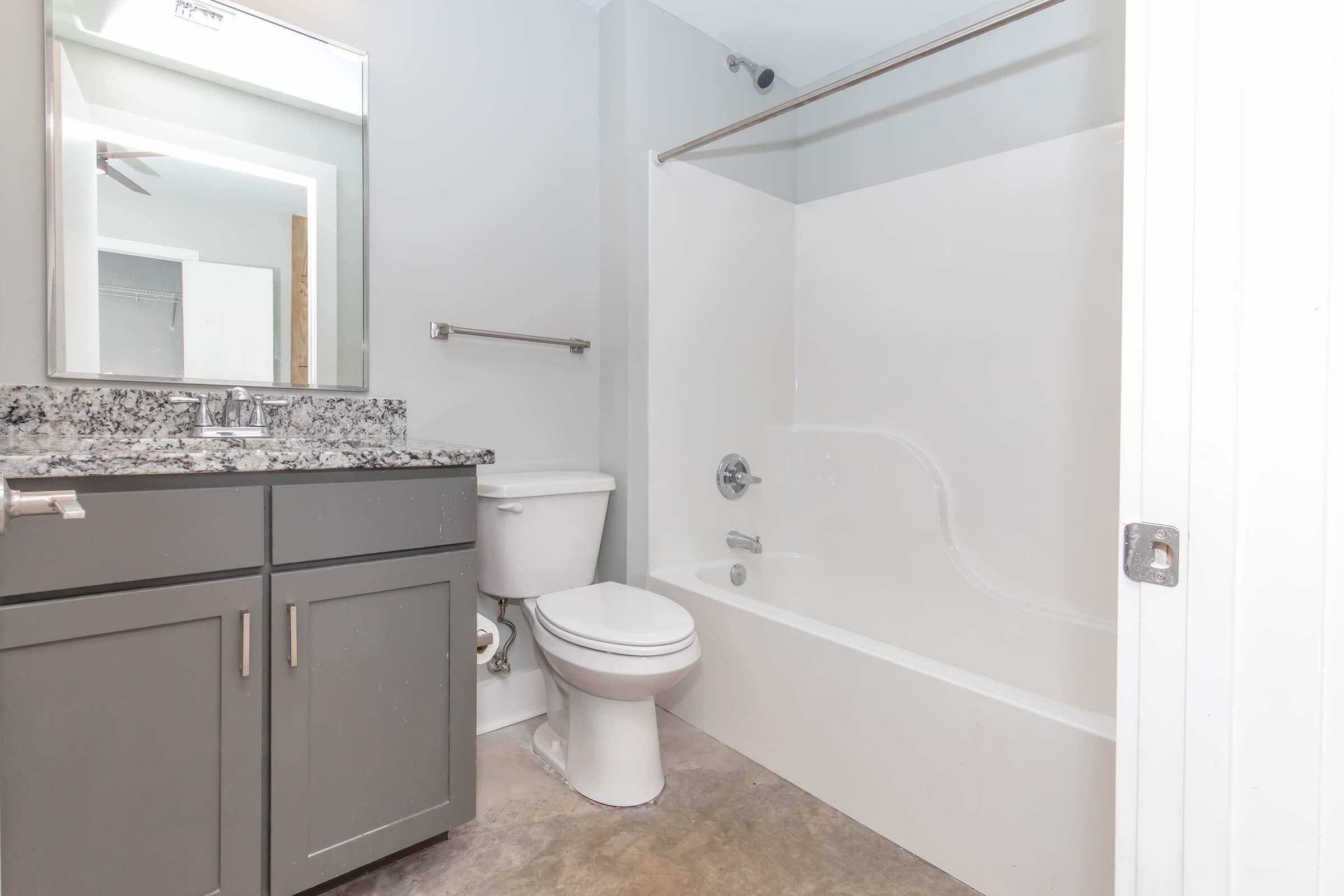 A clean and modern bathroom featuring a white bathtub with a shower, gray cabinetry with a granite countertop, and a white toilet. The walls are painted light gray, and there is a large mirror above the sink. The flooring appears to be concrete, giving the space a contemporary feel.