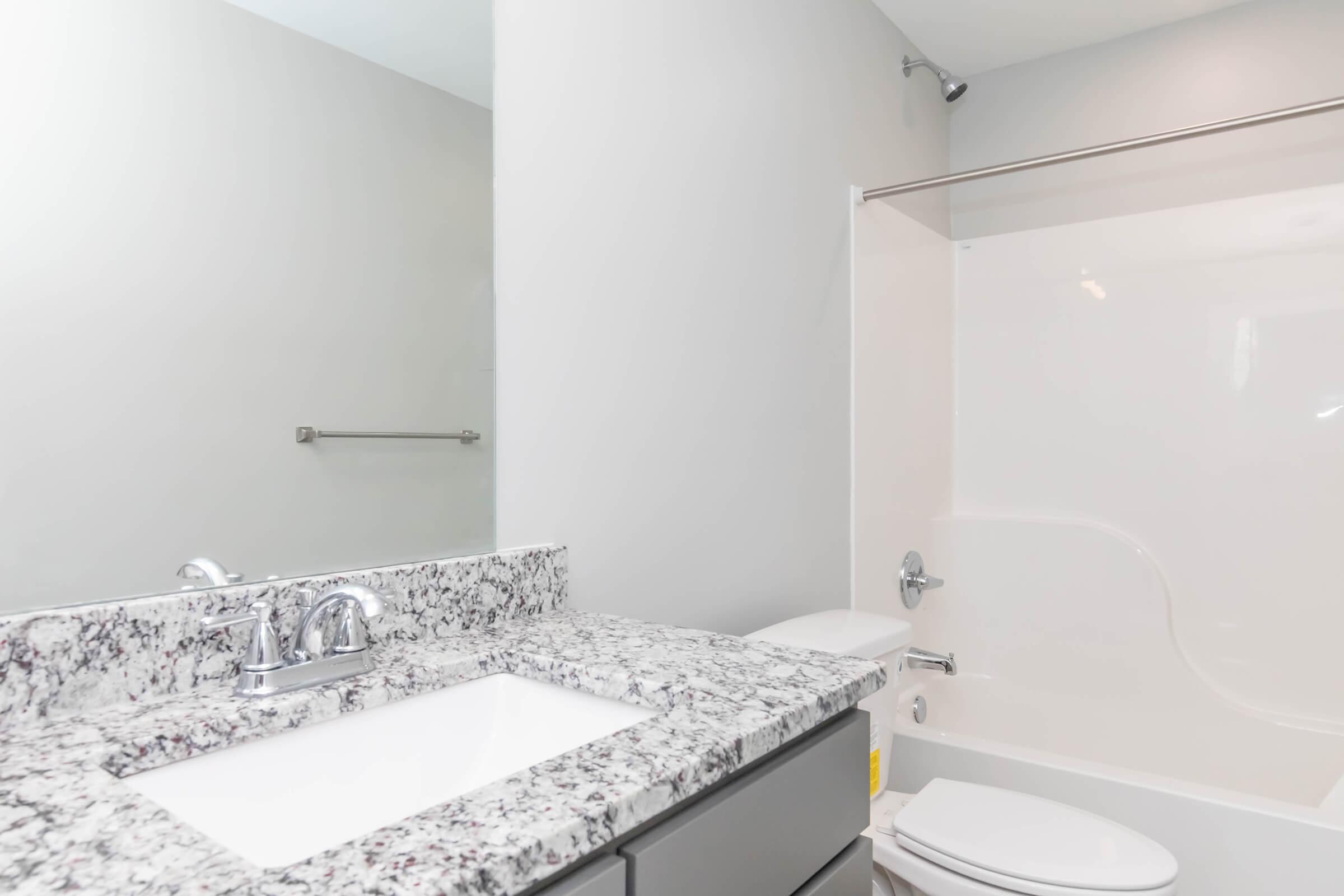 Modern bathroom featuring a granite countertop with a white sink, a mirror, and a glass shower enclosure. The walls are painted light grey, and there is a simple toilet. The space is bright and minimalist, emphasizing clean lines and a contemporary design.