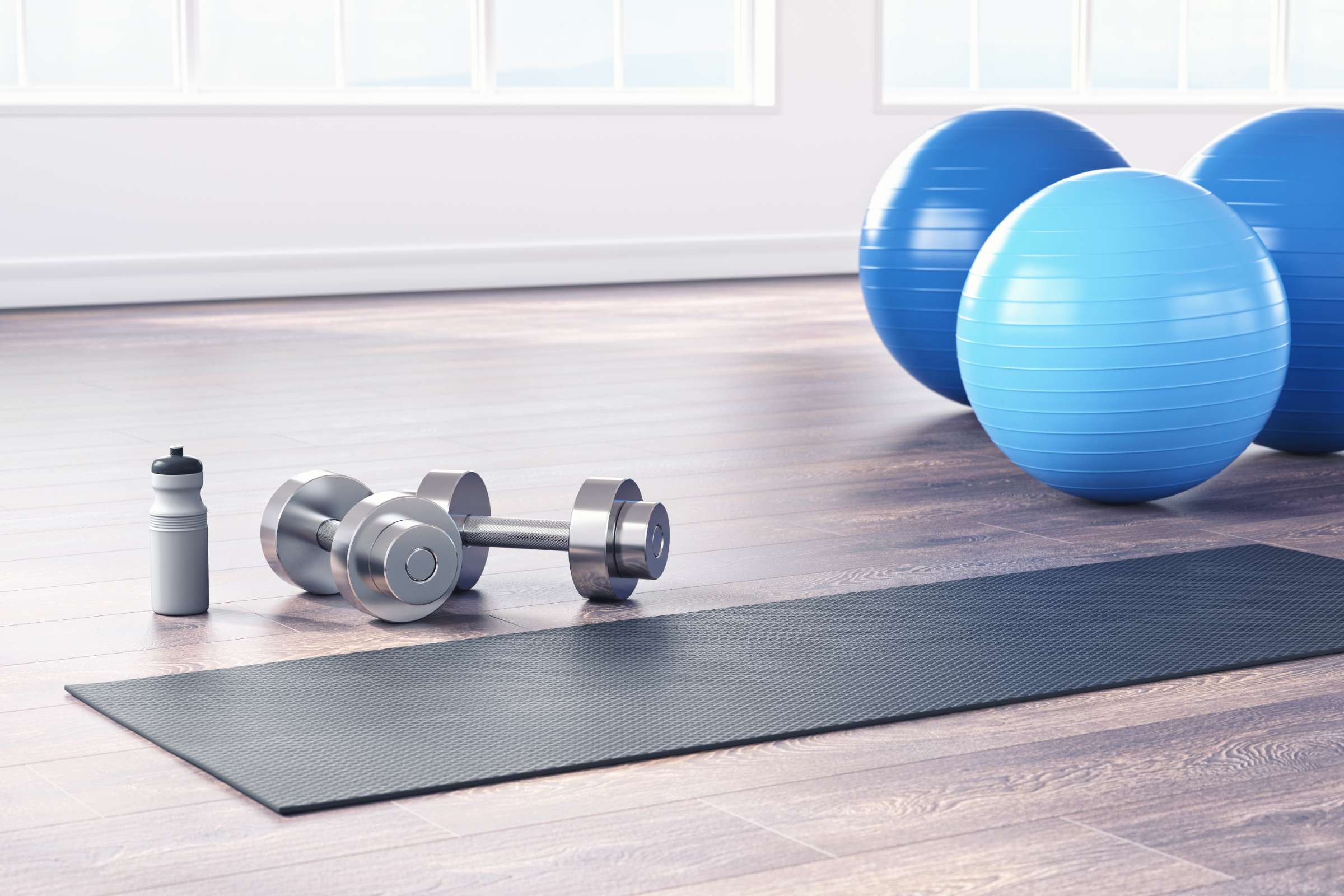 weights and exercise ball in a room