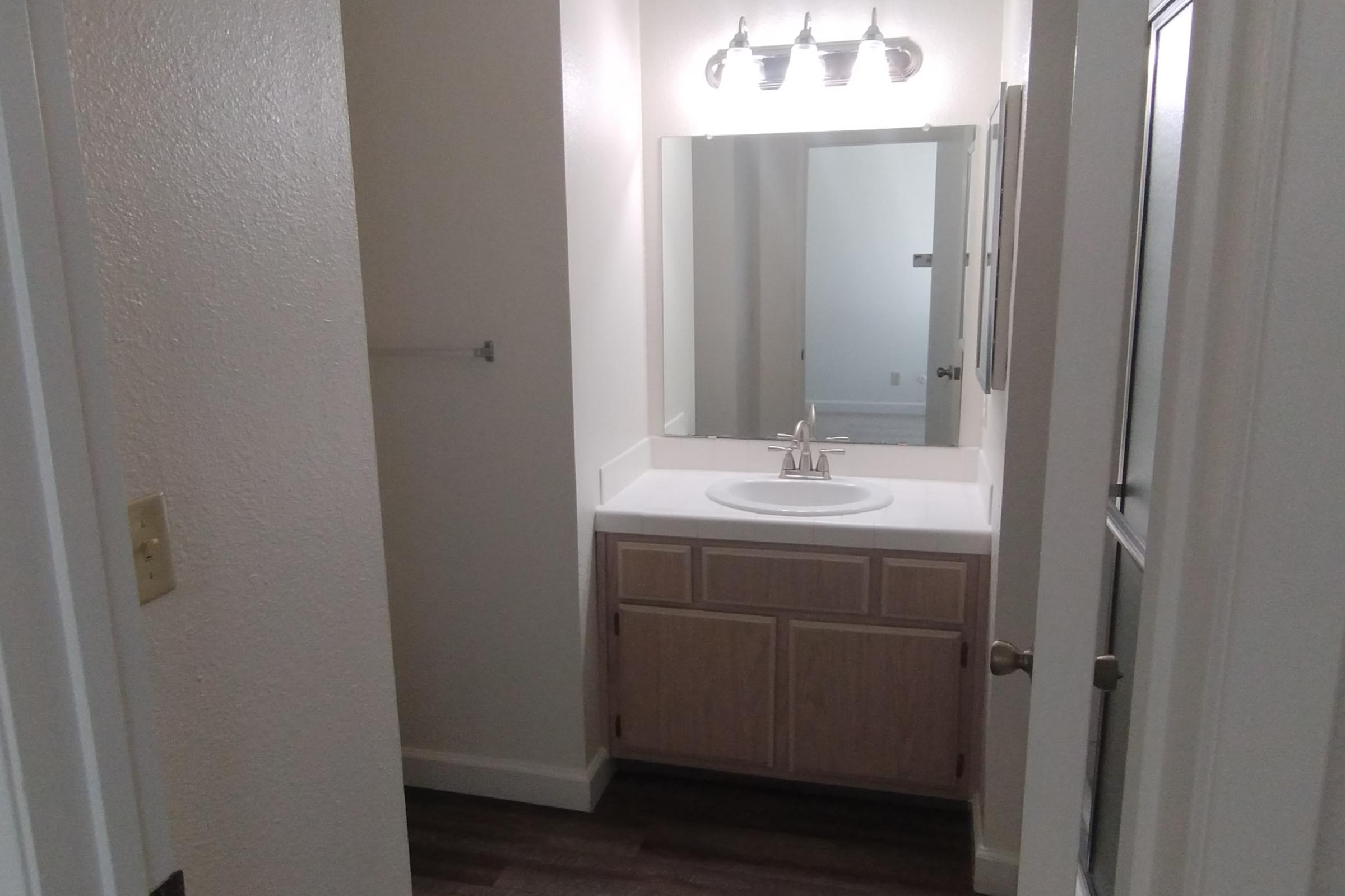 a shower that has a sink and a mirror