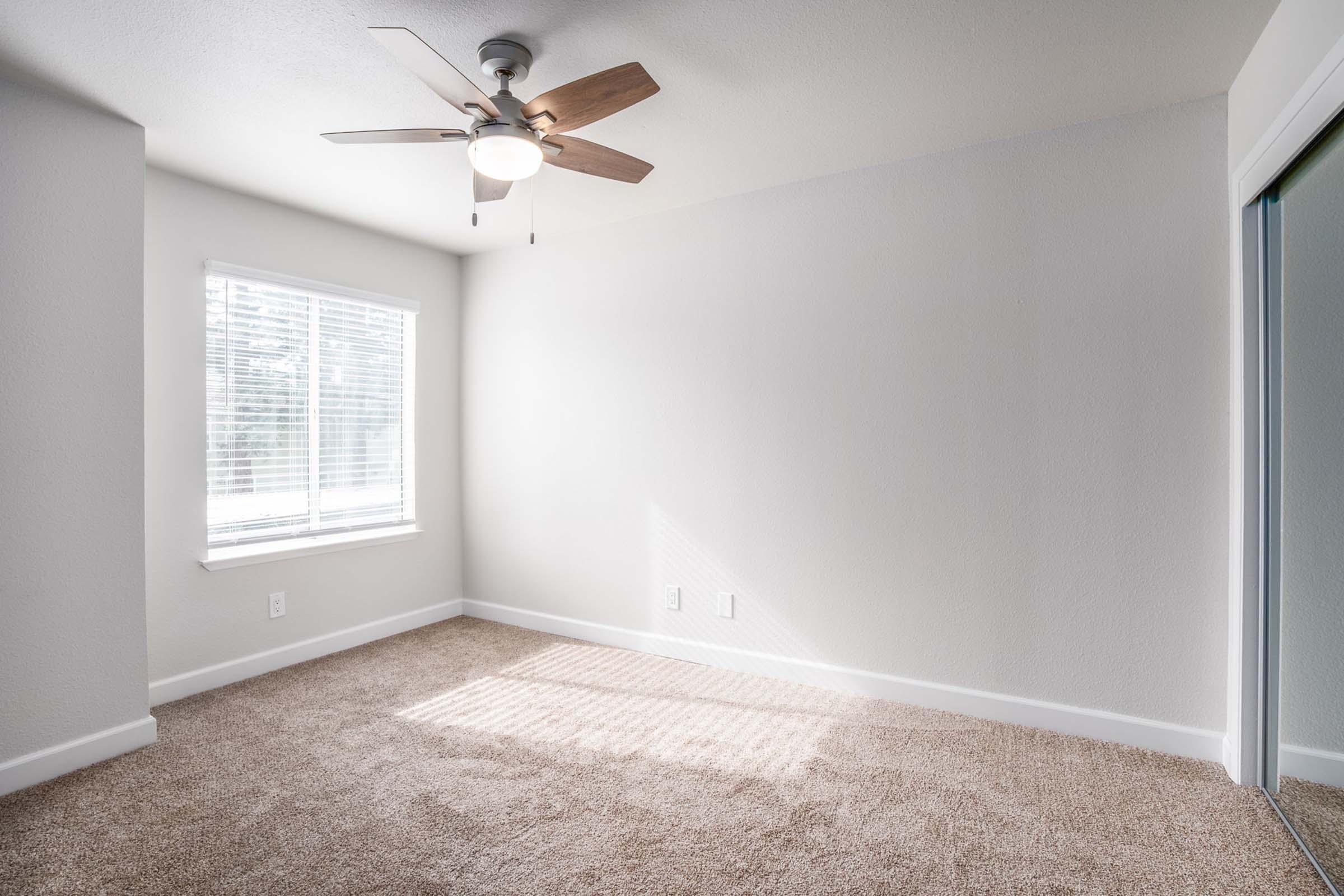A well-lit, empty room featuring a ceiling fan, light-colored walls, and soft carpeted flooring. A window on one side allows natural light to illuminate the space. The overall design is simple and modern, creating a tranquil atmosphere.