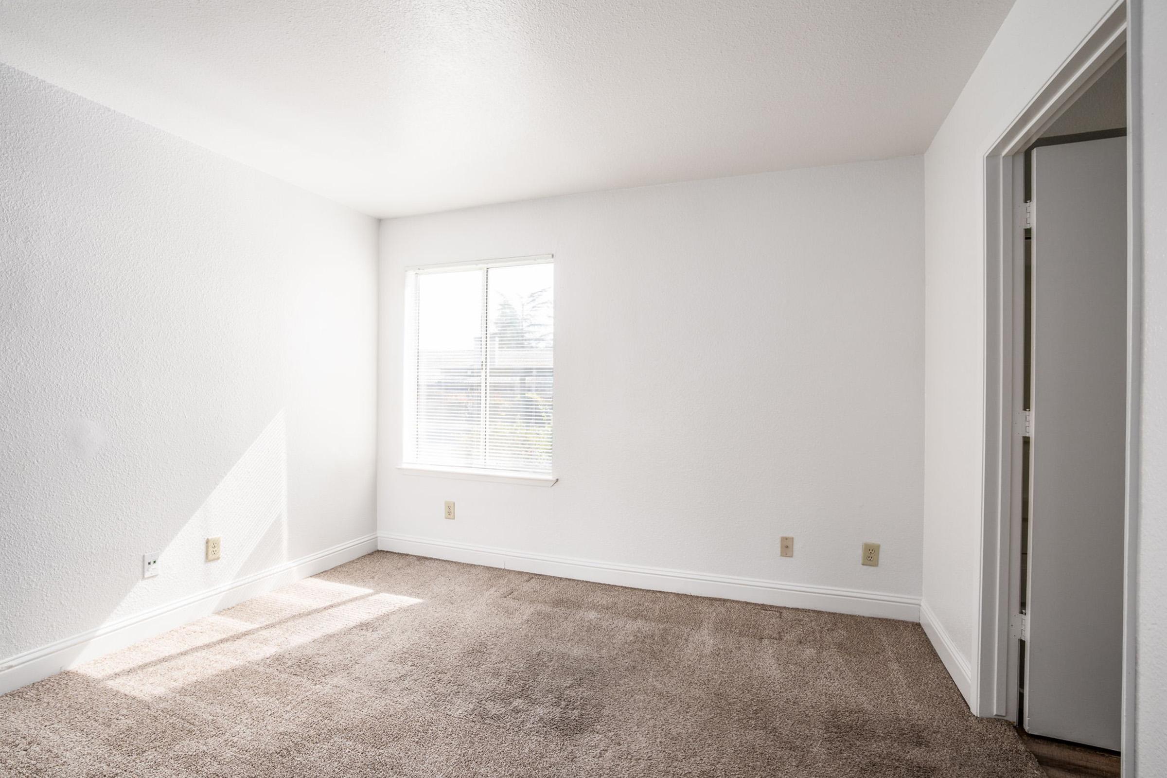 A bright, empty room with light-colored walls and a large window allowing sunlight to stream in. The floor is covered with beige carpet, and there is a doorway leading to another part of the space. The overall atmosphere is clean and minimalistic, ideal for personalization.