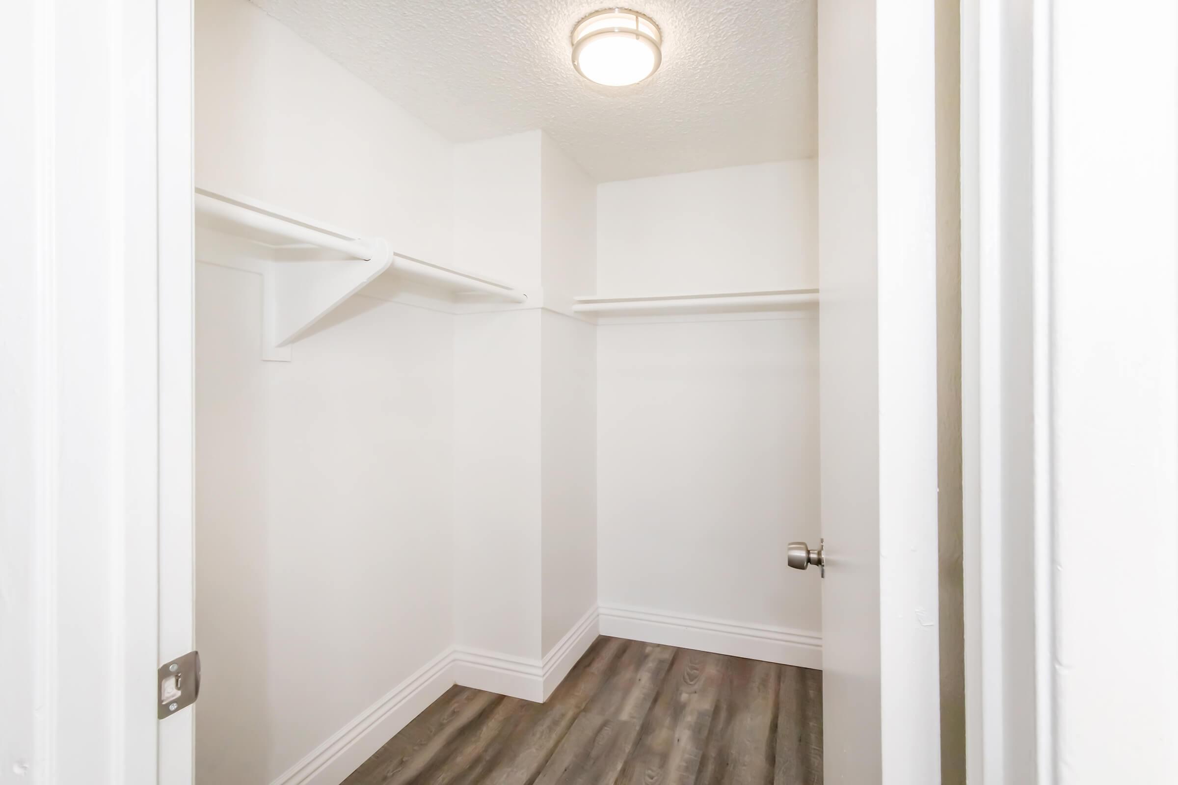 Empty closet with white walls and shelves on either side. A light fixture on the ceiling illuminates the space. The floor has laminate with a wood-like appearance. The closet door is partially open, revealing the interior.