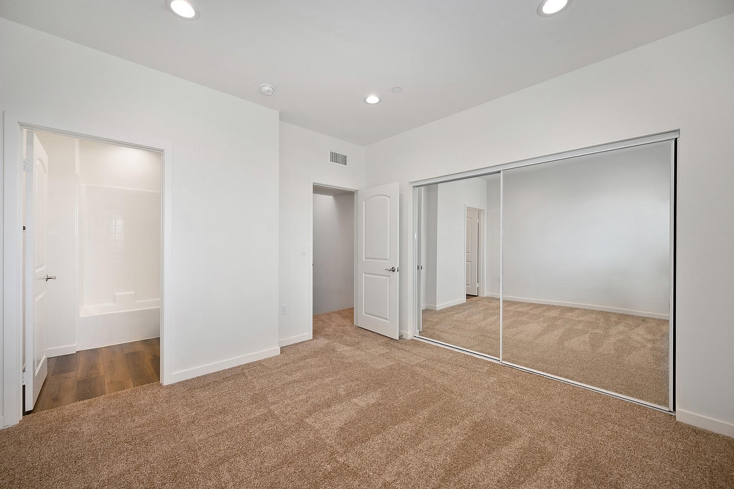 a mirrored closet door in a room