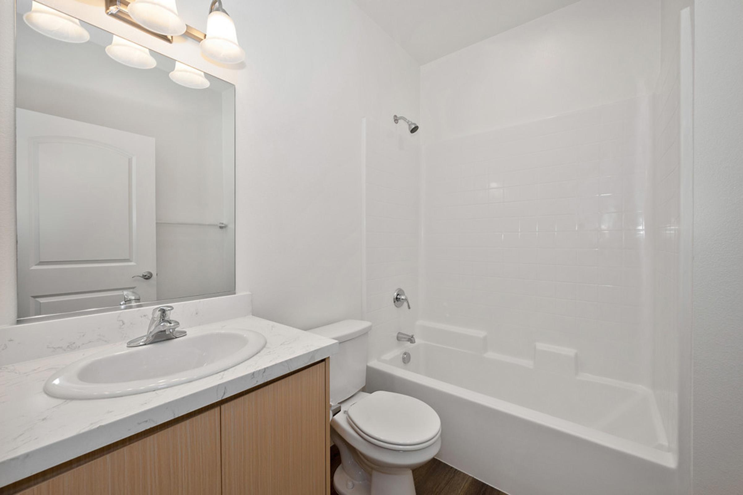 a shower next to a sink and a mirror