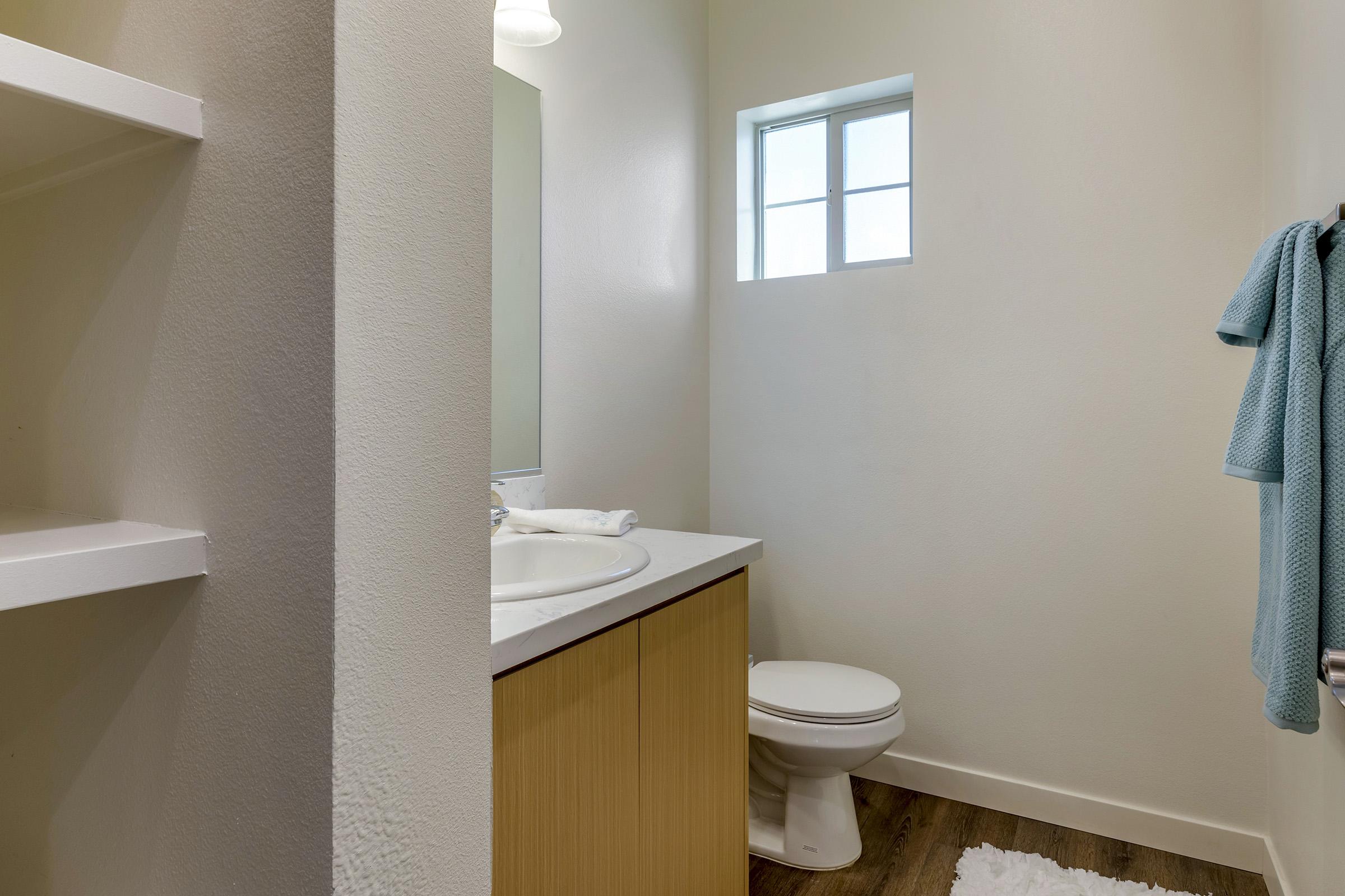 shelves next to a sink and a toilet