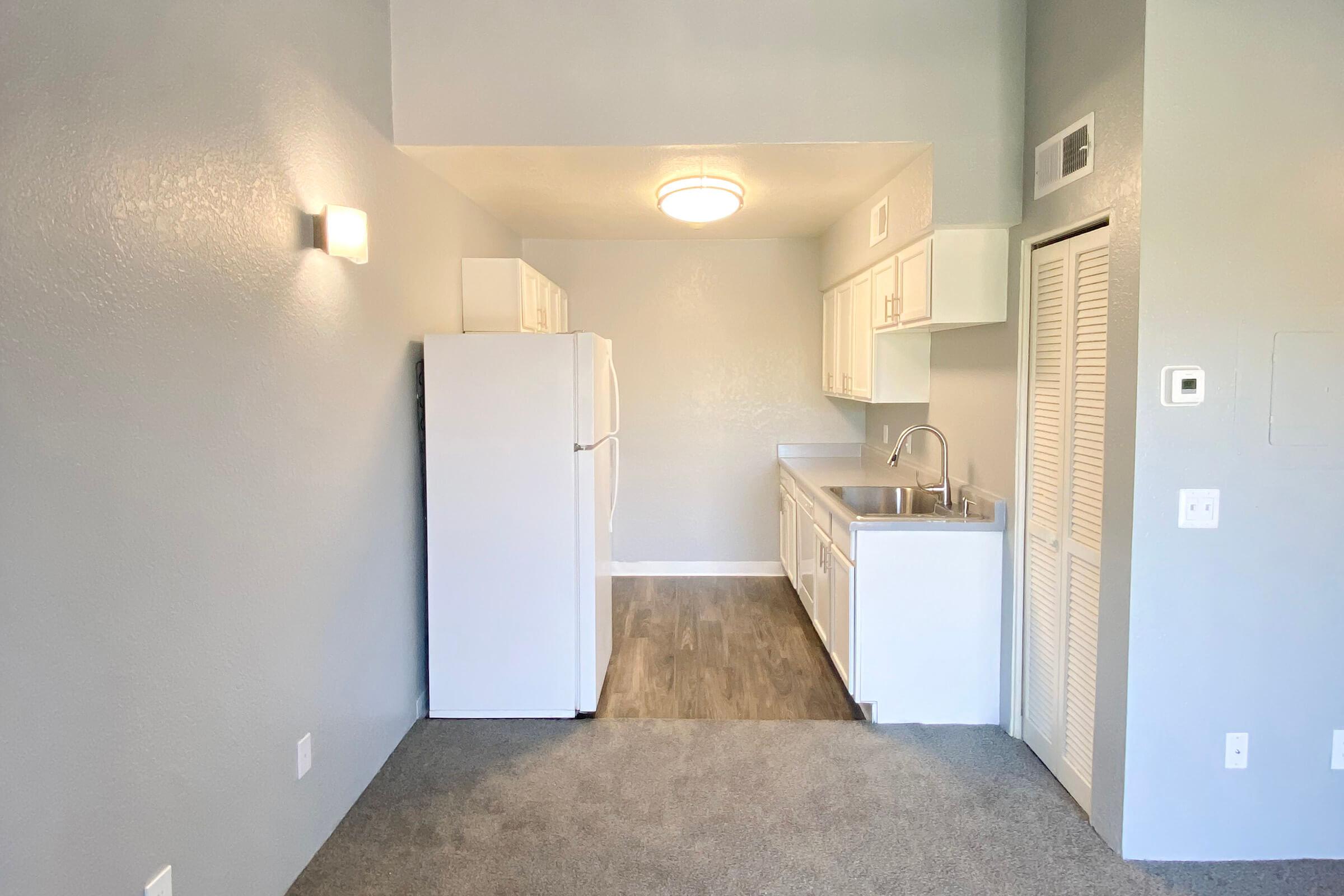 a kitchen with a sink and a refrigerator