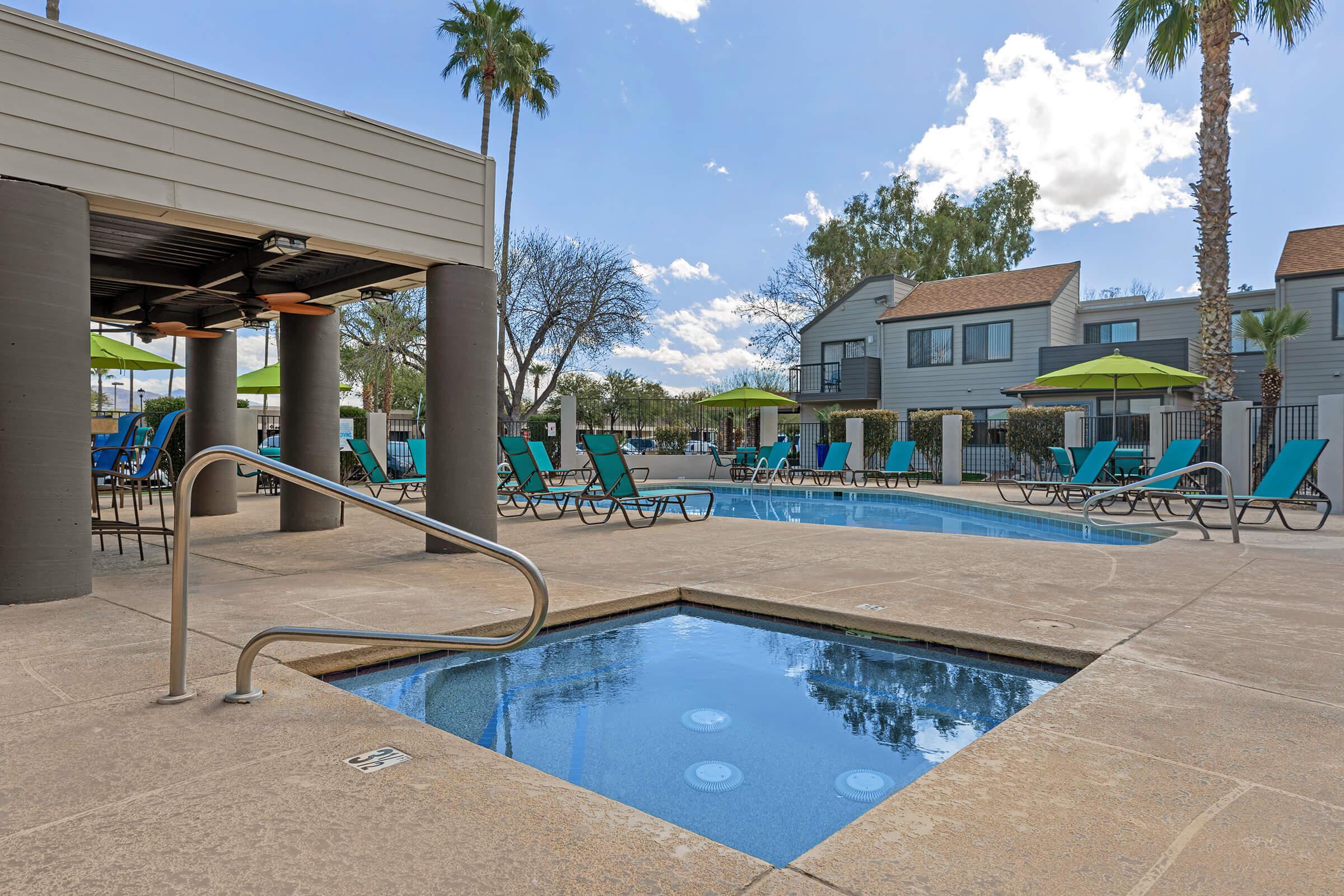 a pool next to a building