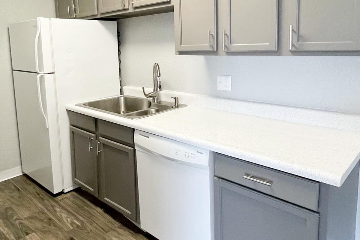 a kitchen with a sink and a refrigerator