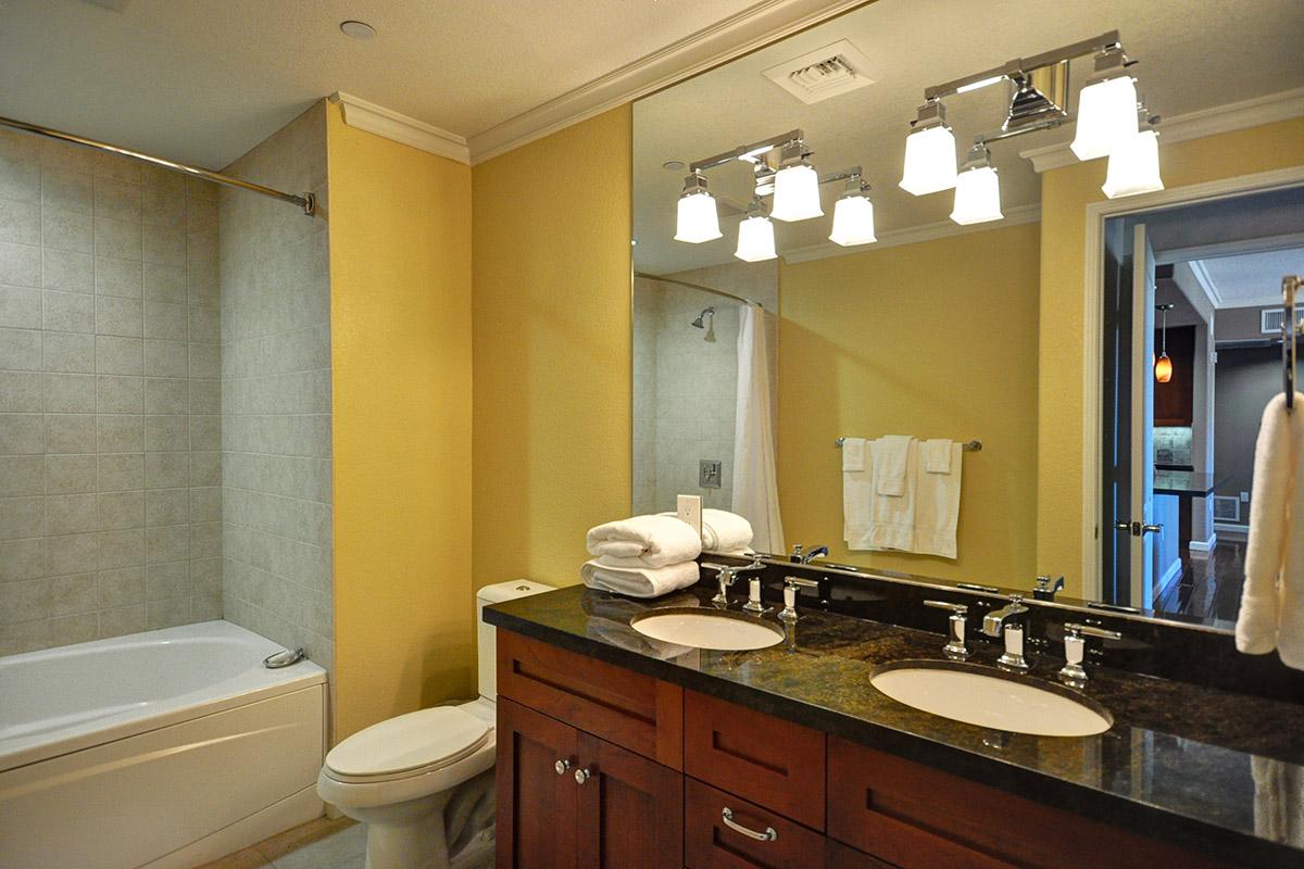 a double sink and large mirror