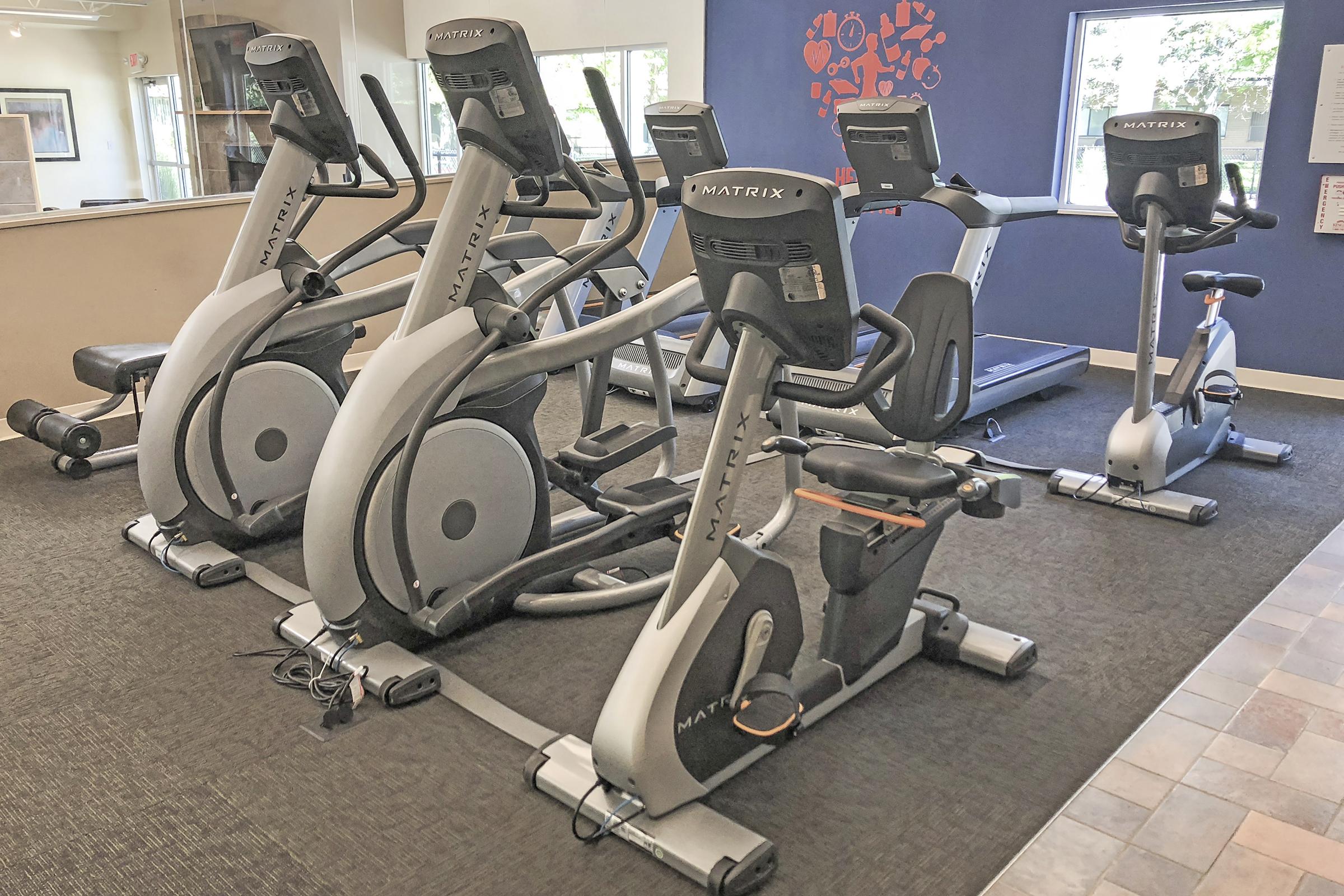 A fitness center featuring several Matrix exercise machines, including elliptical trainers and a stationary bike, arranged neatly on a black floor mat. A treadmill is visible in the background, and a window allows natural light into the space, enhancing the gym atmosphere.