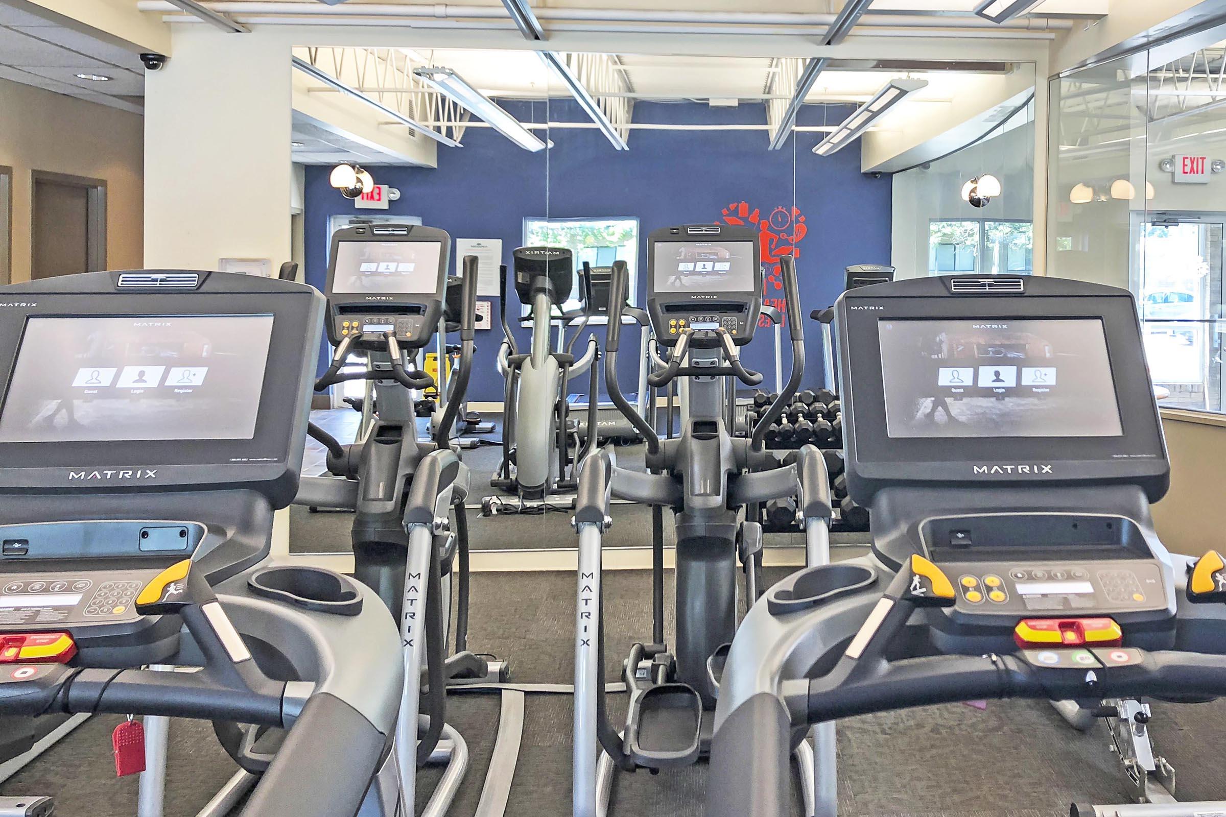 A modern gym interior featuring several Matrix brand cardio machines, including treadmills and ellipticals. The space has large windows allowing natural light, a blue accent wall with artwork, and weights visible in the background, creating a motivating workout environment.