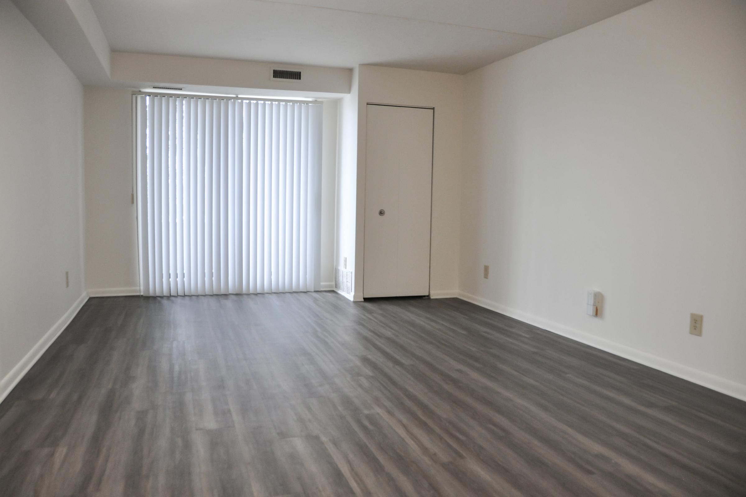 A spacious, empty room with light gray flooring and white walls. The room features a large sliding glass door with vertical blinds letting in natural light. There is a small closet door on the right side of the image. The overall feel is clean and minimalist, suitable for various interior design possibilities.