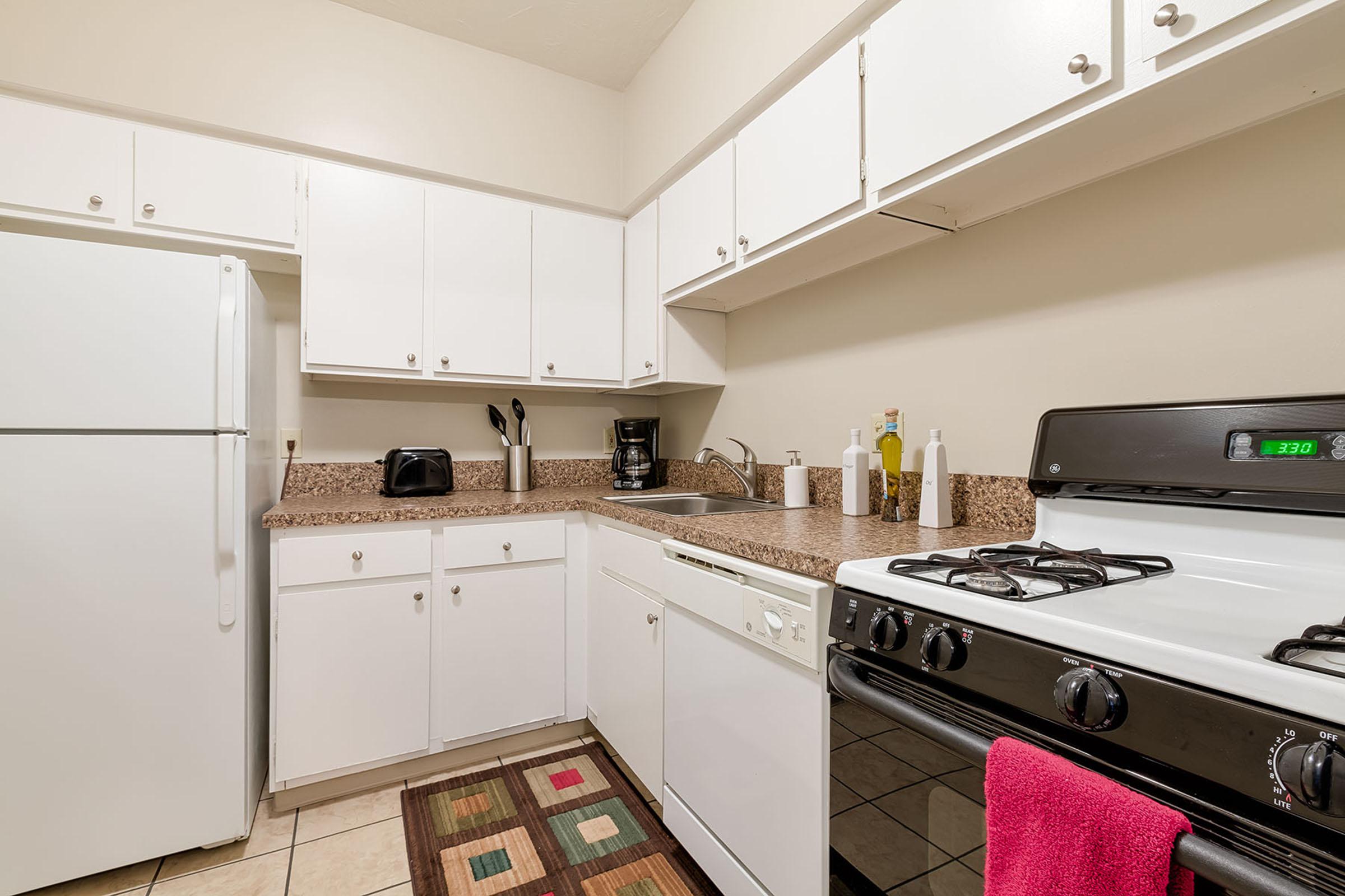 A clean, modern kitchen featuring white cabinets, a granite countertop, a stove with a pink towel, a dishwasher, a refrigerator, a toaster, and a coffee maker. The tile floor is partially covered by a colorful rug. Natural light brightens the space, creating a welcoming atmosphere.
