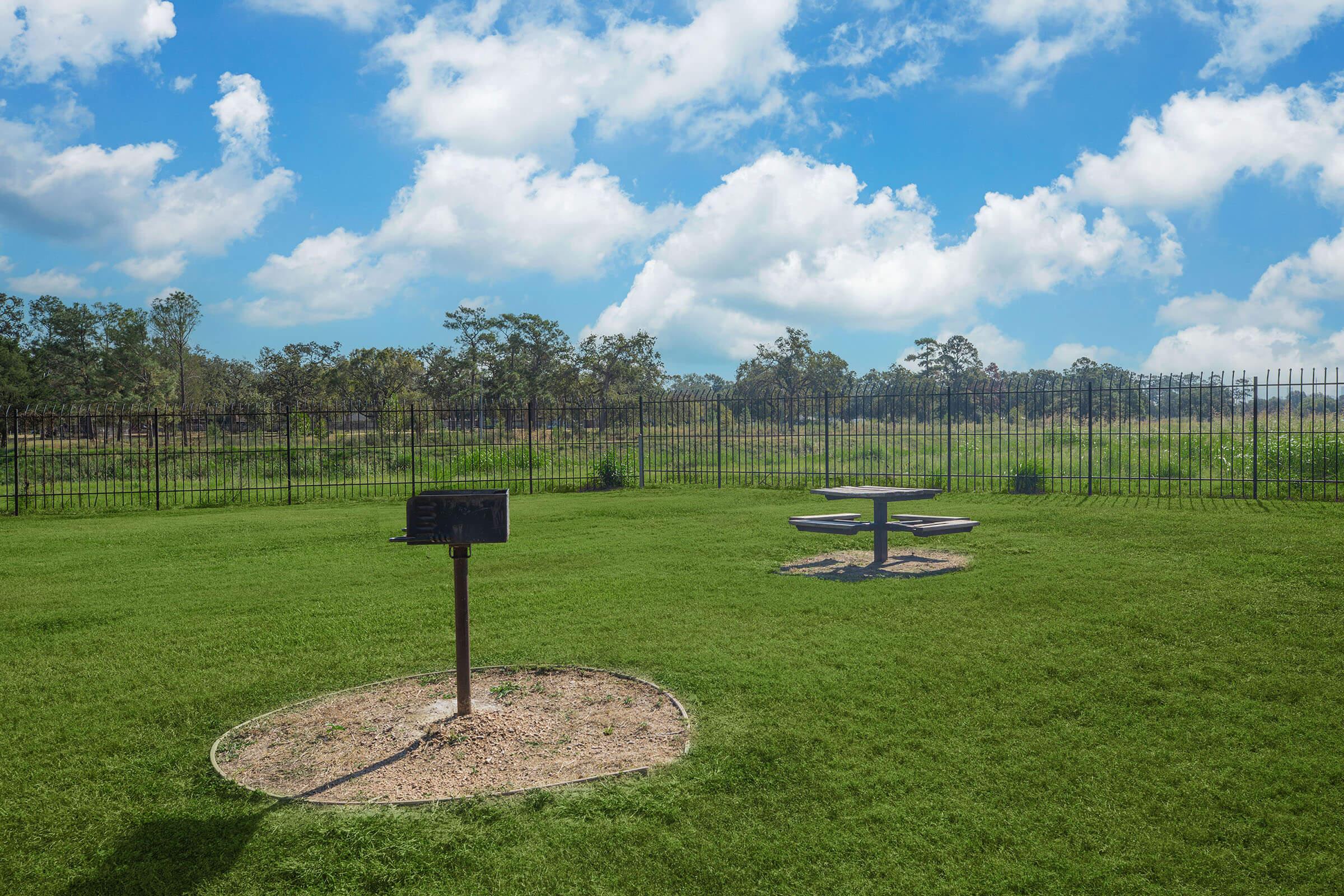 a bench sits in the middle of a lush green field