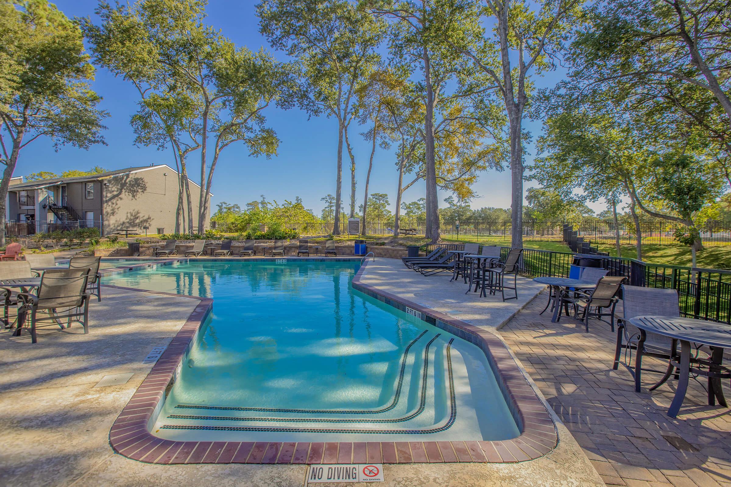 an empty park bench next to a pool of water