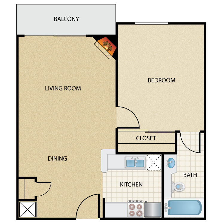 Floor plan image of Plan F 1 Bed 1 Bath