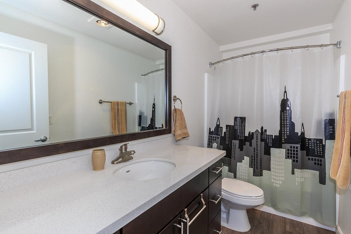 a room with a sink and a mirror