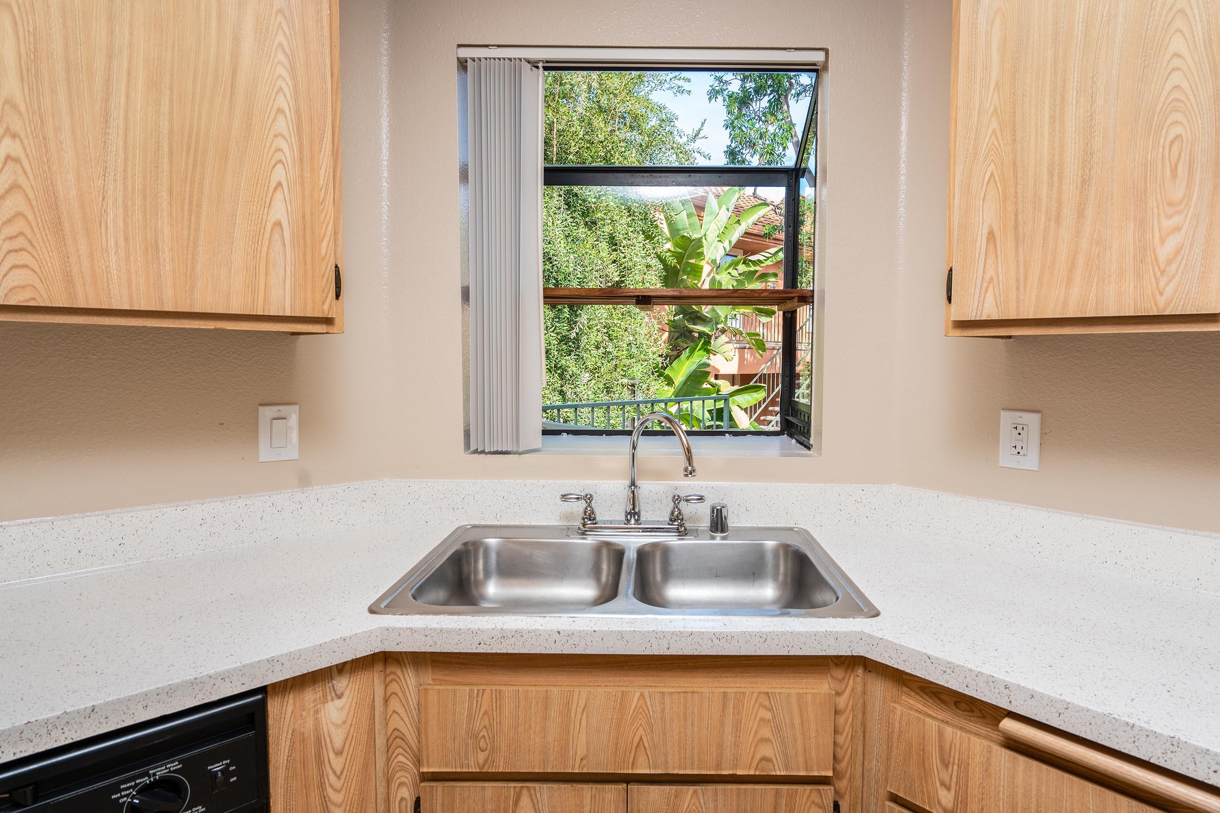 a kitchen with a sink and a window