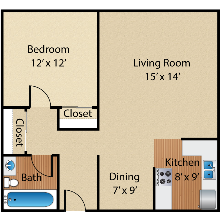 1 Bed 1 Bath, a 1 bedroom 1 bathroom floor plan.