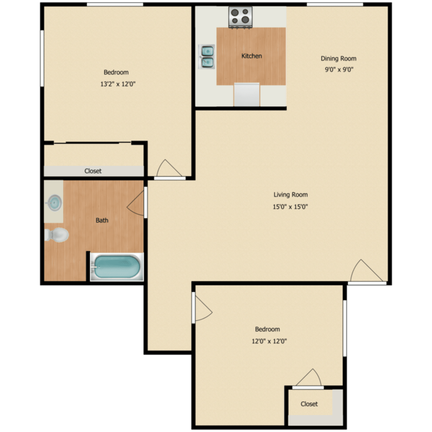 2 Bed 1 Bath, a 2 bedroom 1 bathroom floor plan.